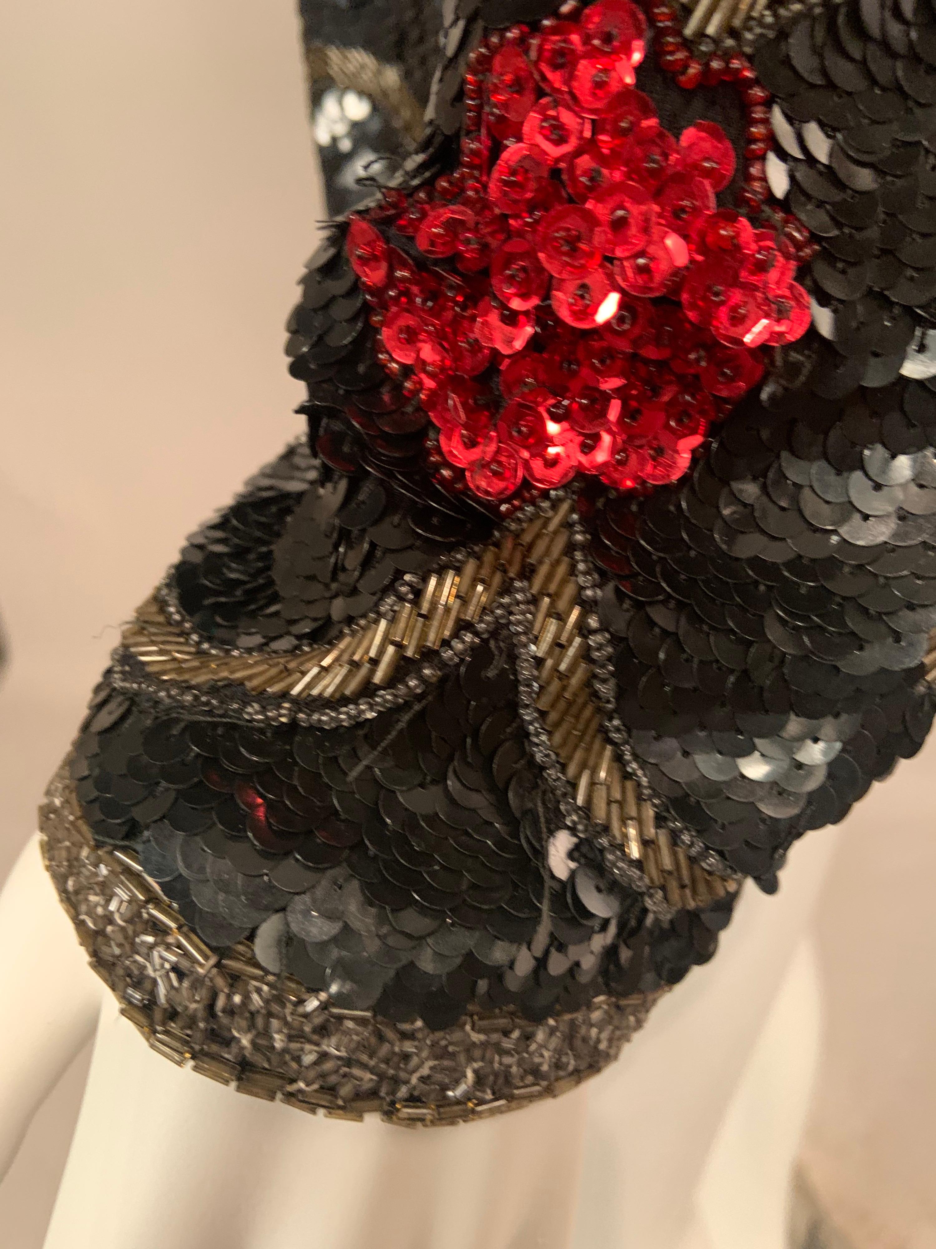 De las mujeres Chaqueta de lentejuelas negras con adornos de flores de colores y enredaderas
