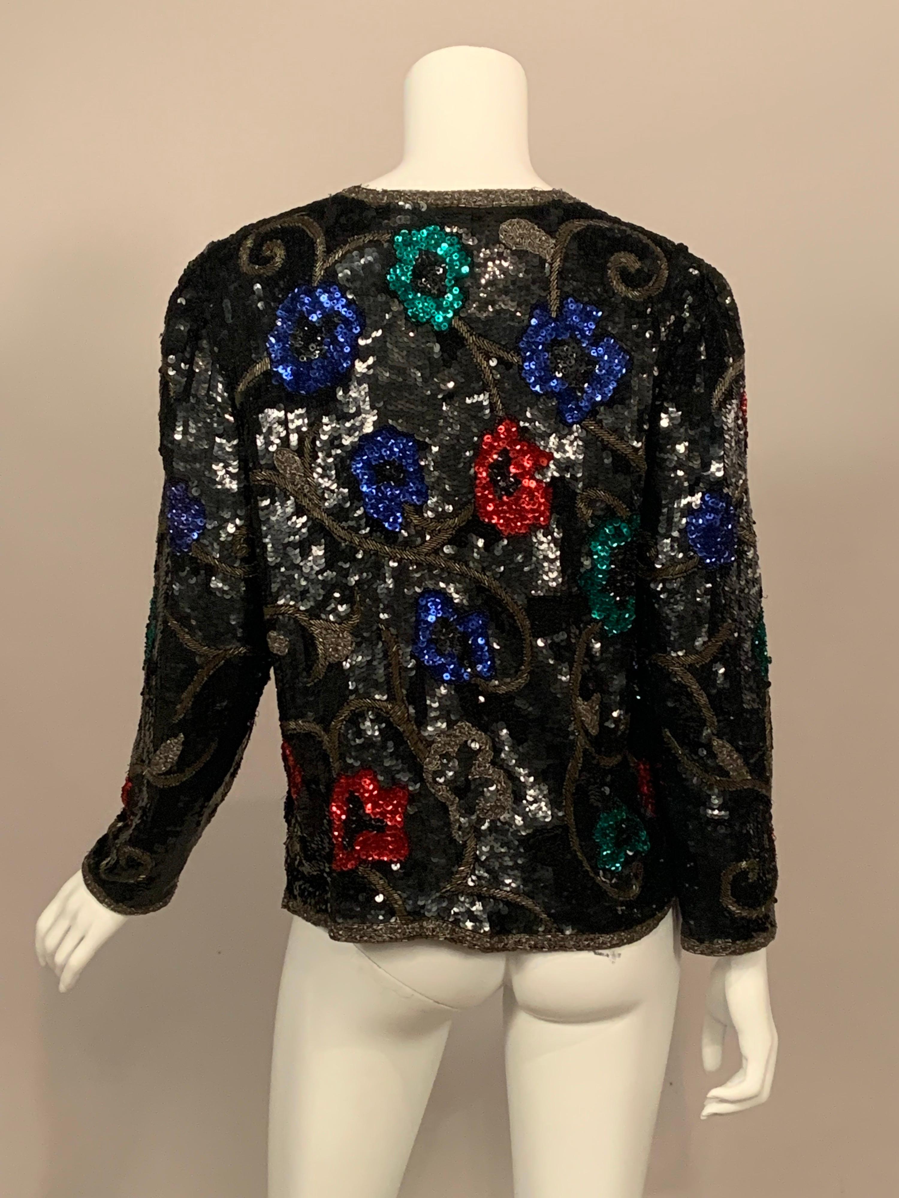 Black Sequin Jacket with Colorful Flower and Vine Decoration In Excellent Condition For Sale In New Hope, PA