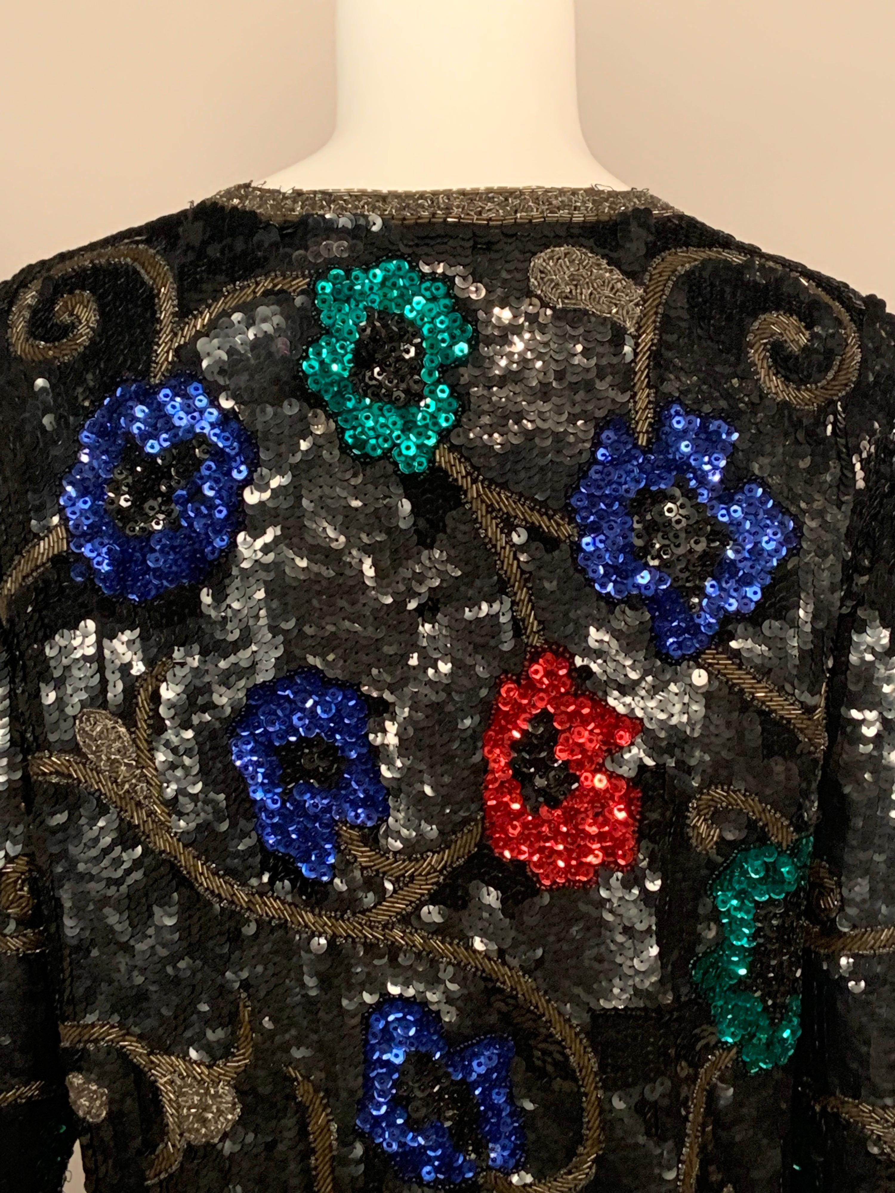 Women's Black Sequin Jacket with Colorful Flower and Vine Decoration For Sale