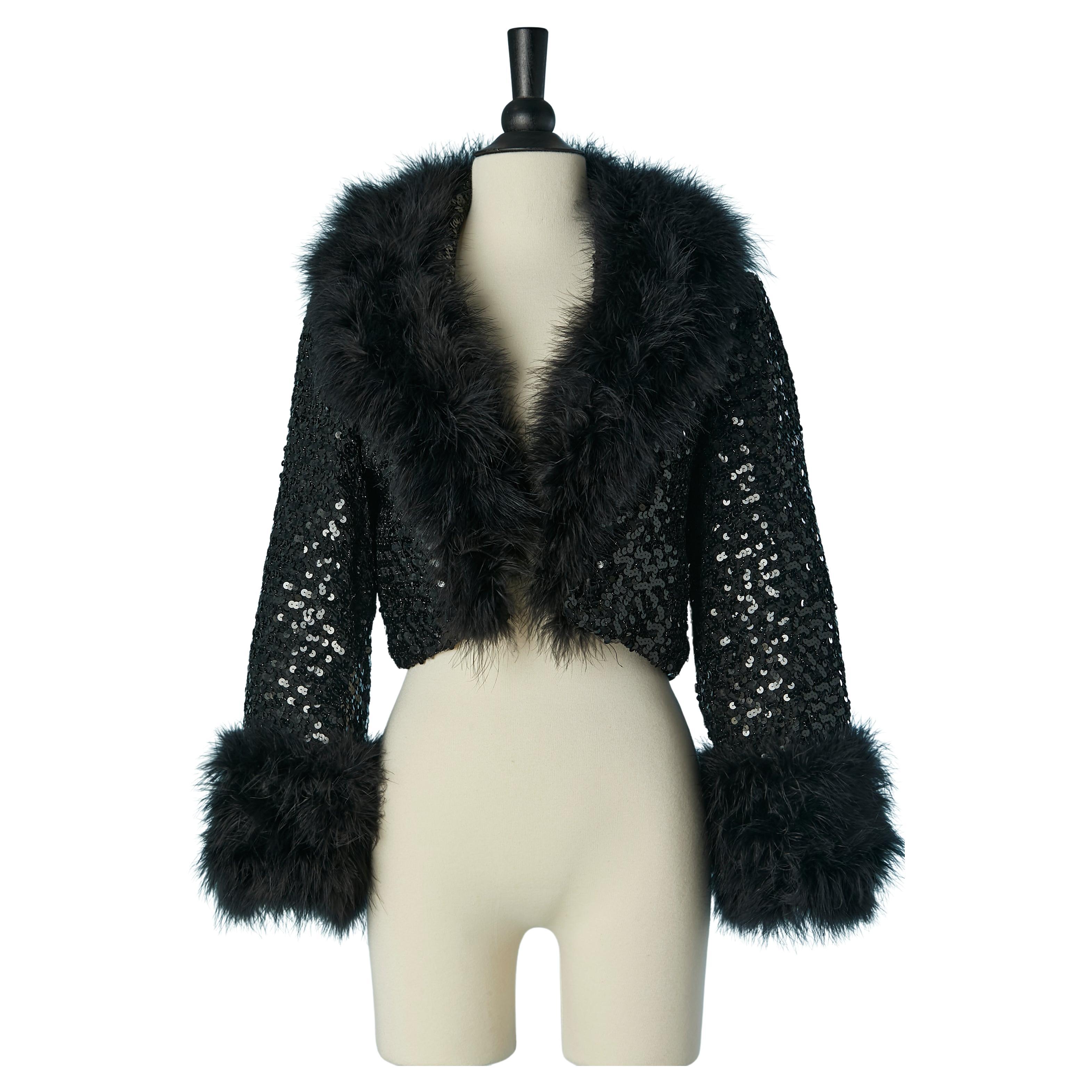 Veste noire à sequins avec col et manches en plumes des années 1970 en vente