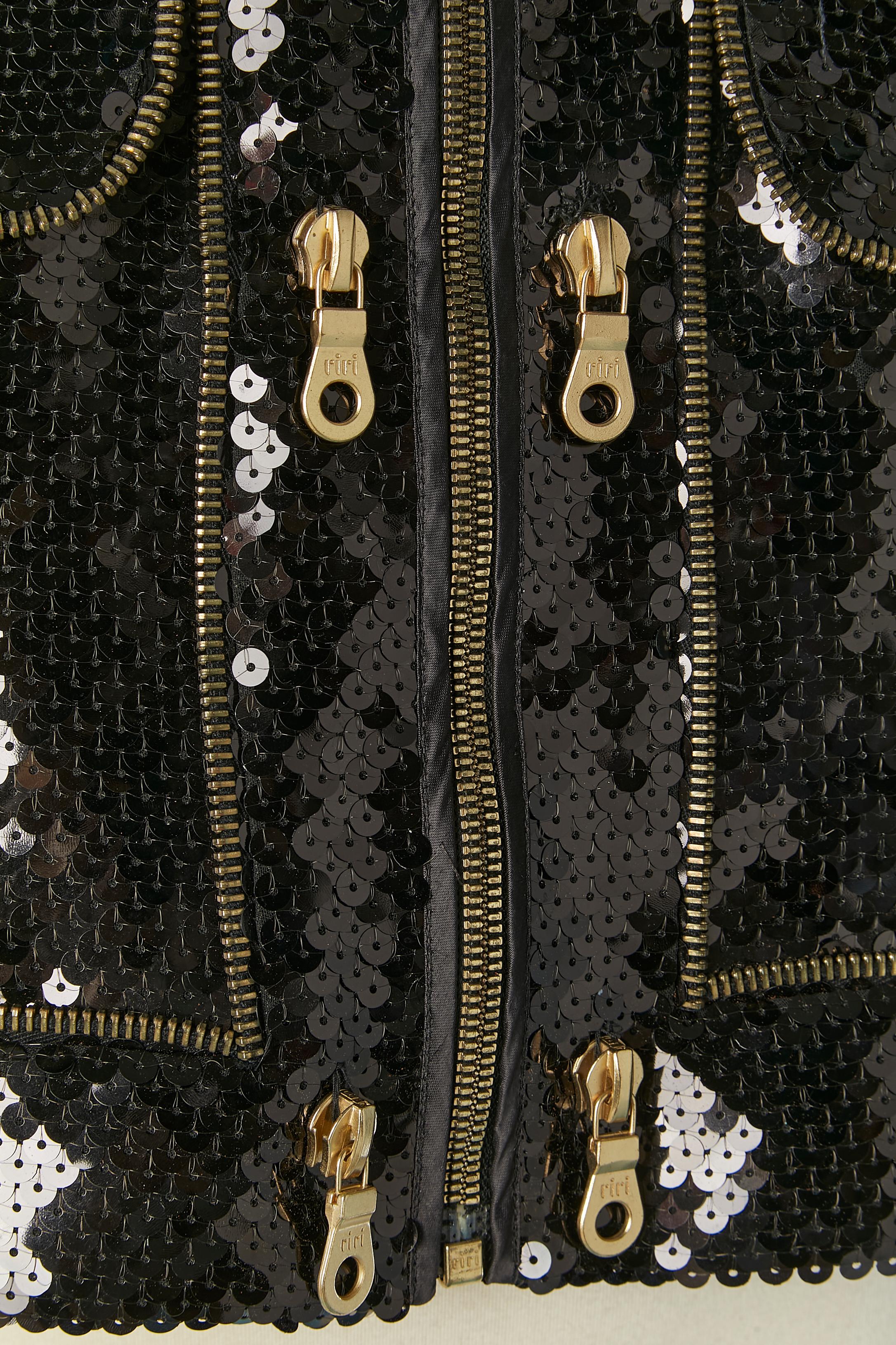 Chaqueta negra de lentejuelas con cremallera dorada CONJUNTO LOUIS FERAUD en Excelente estado para la venta en Saint-Ouen-Sur-Seine, FR
