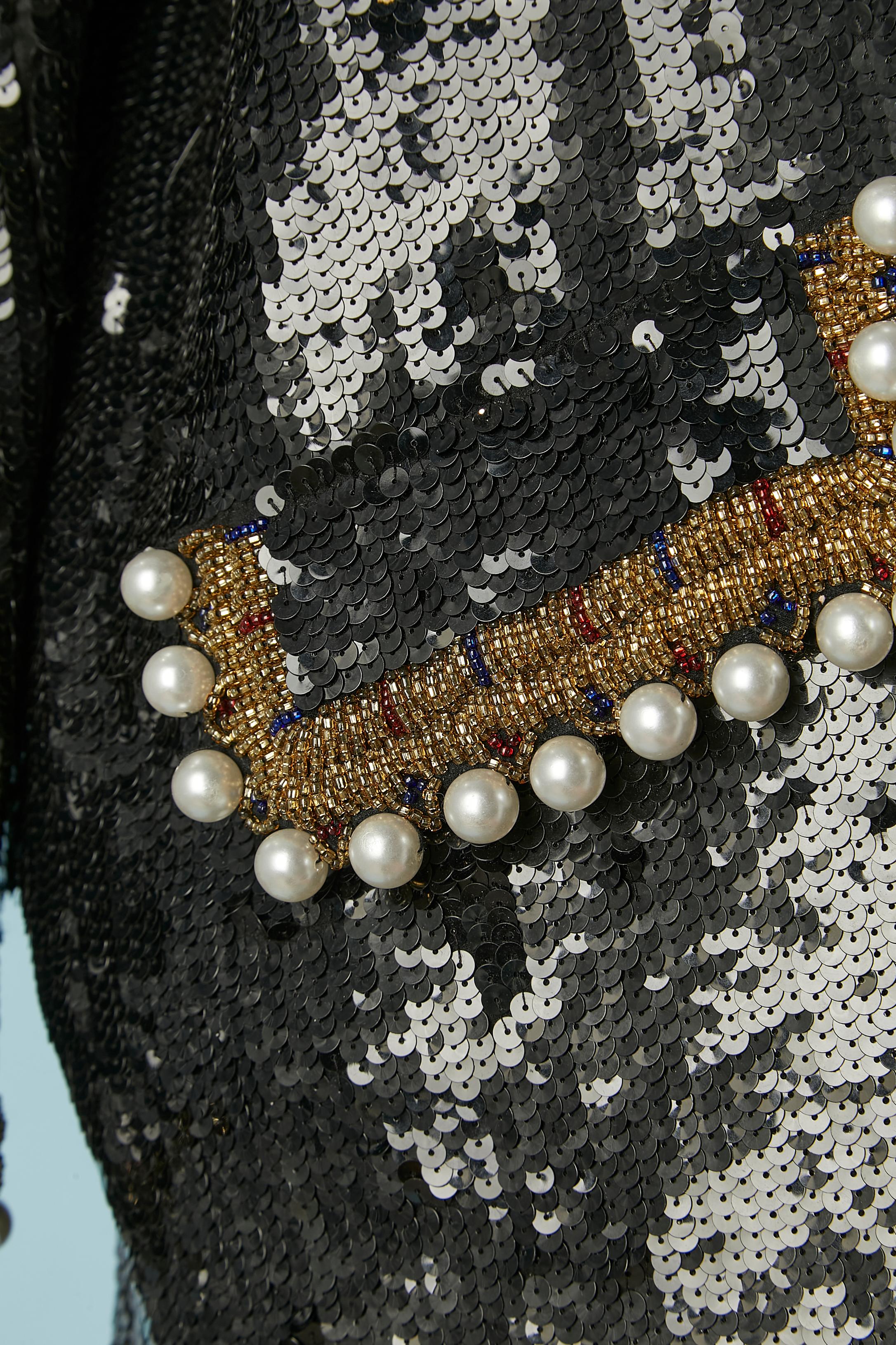 Donna Giacca di paillettes nera con bordo di perle e perline Black Tie by Oleg Cassini in vendita