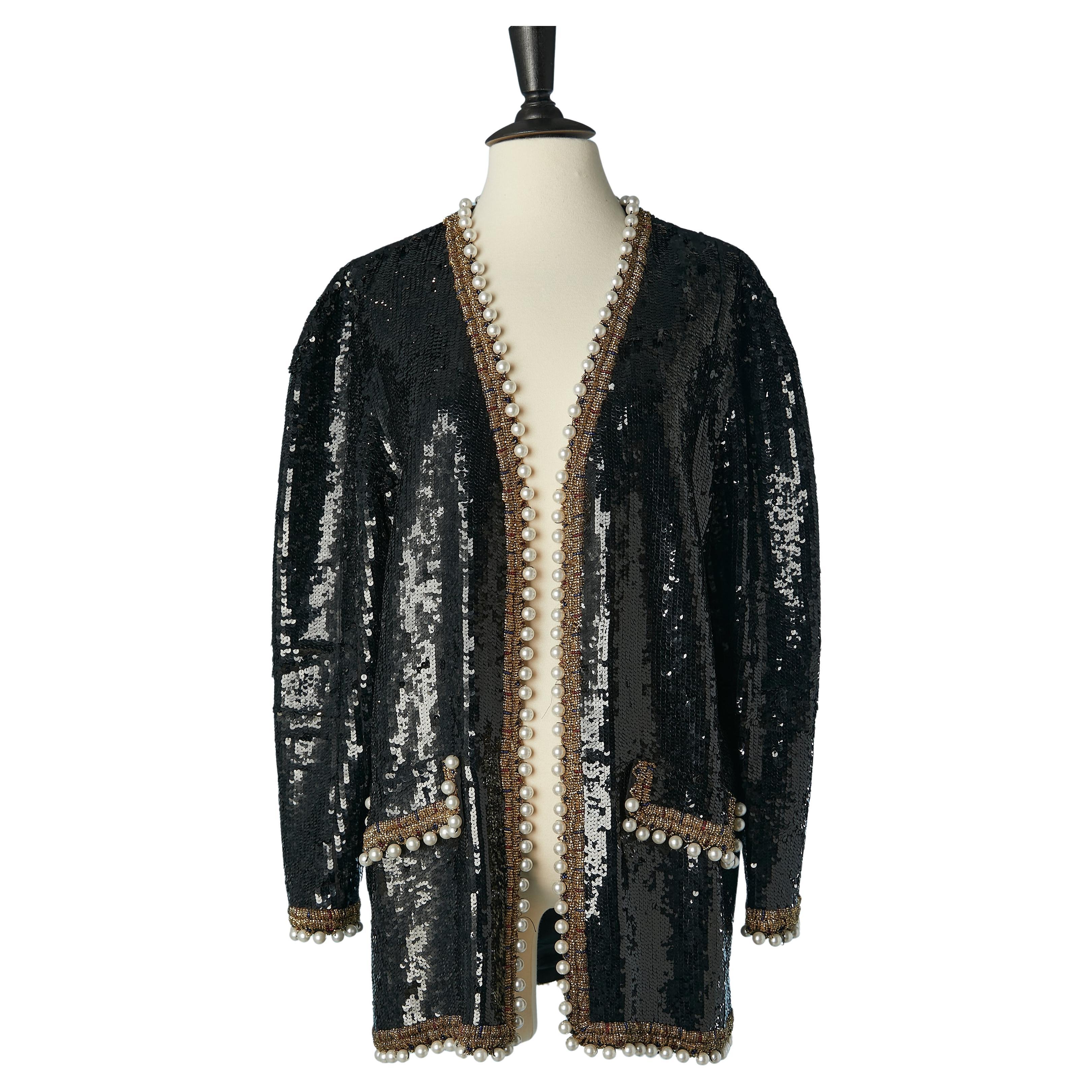 Giacca di paillettes nera con bordo di perle e perline Black Tie by Oleg Cassini