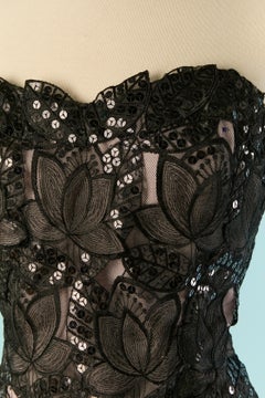 Robe bustier en dentelle et tulle à paillettes noires VICTOR COSTA