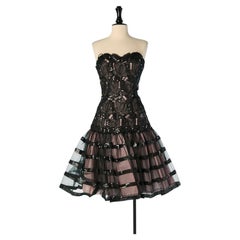 Robe bustier en dentelle et tulle à paillettes noires VICTOR COSTA