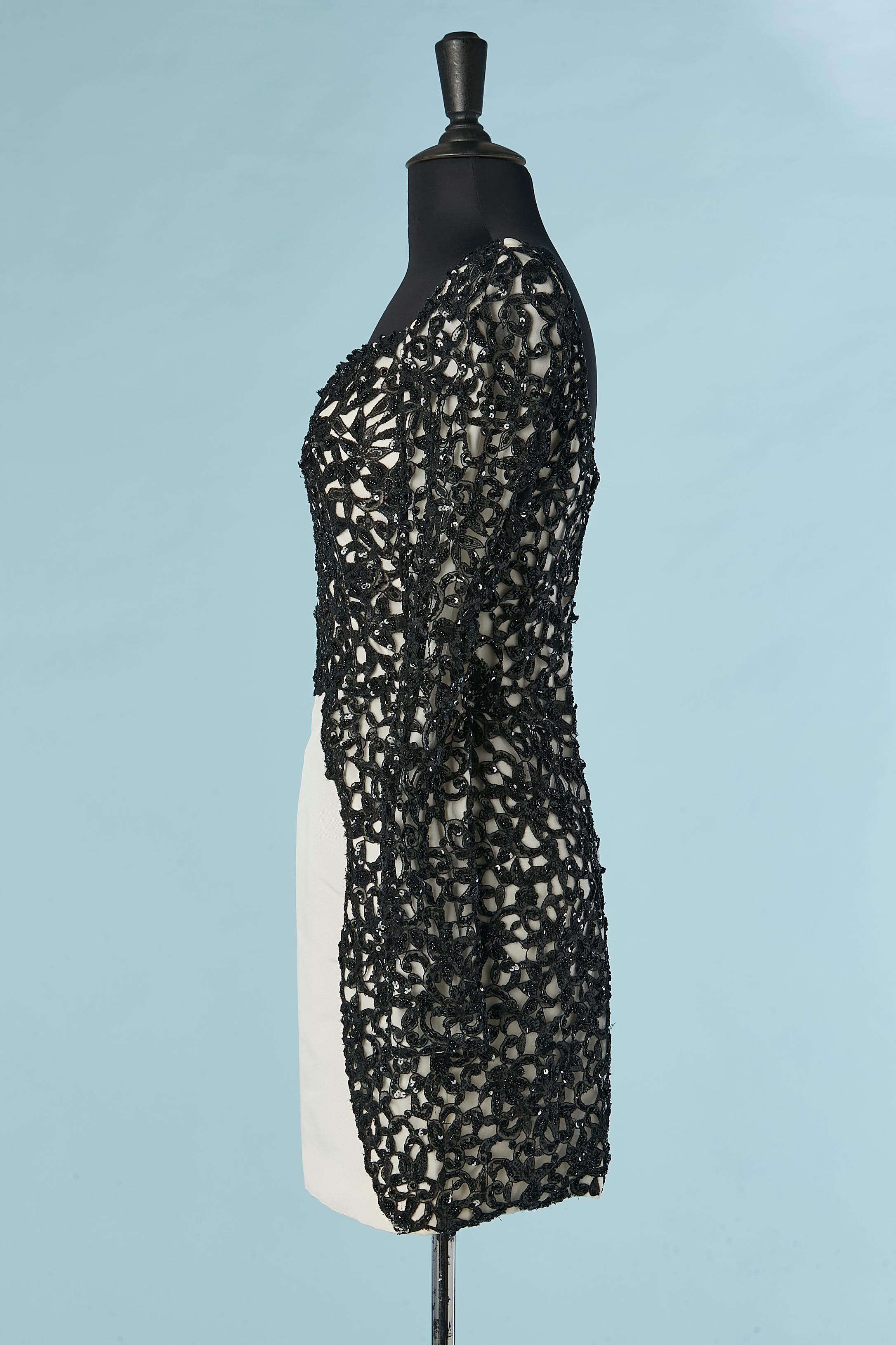 Black sequin lace appliqué on ivory silk  cocktail dress Lorena Sarbu  For Sale 2