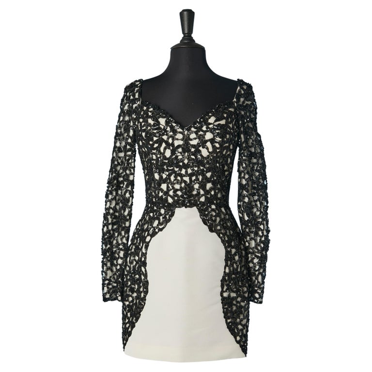 Black sequin lace appliqu on ivory silk cocktail dress Lorena Sarbu For  Sale at 1stDibs