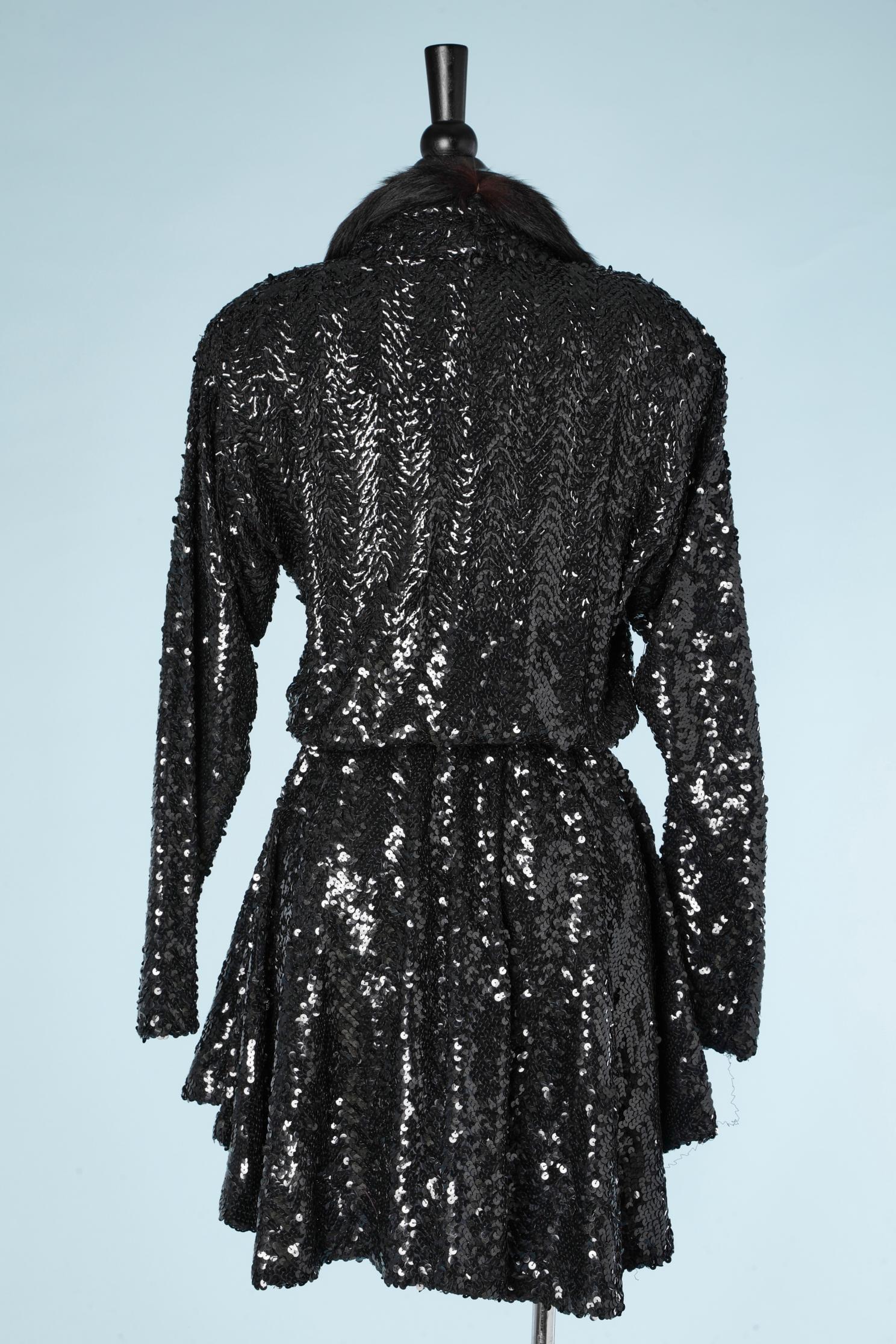 Black sequin long jacket with dark brown furs collar Circa 1970 For Sale 1