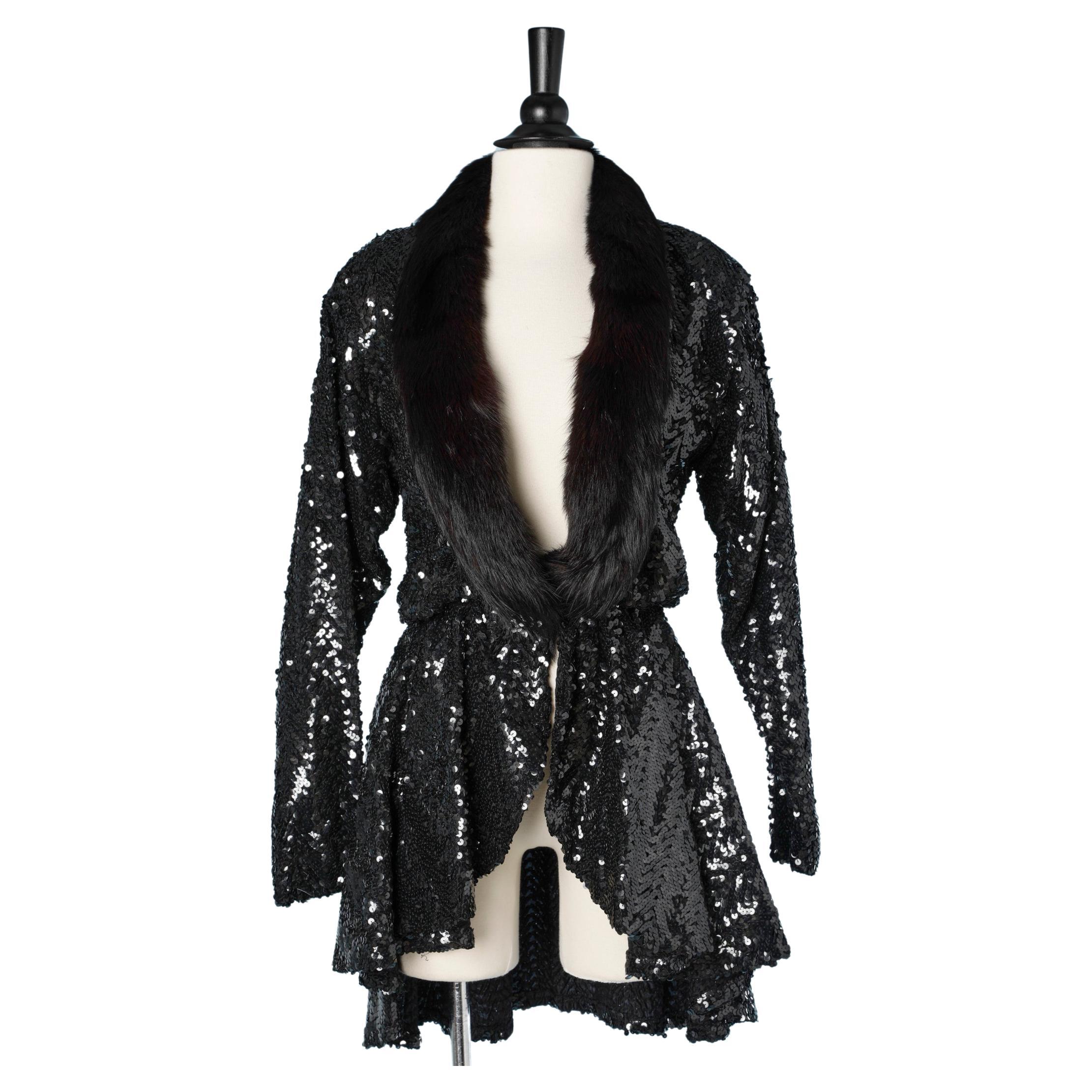 Black sequin long jacket with dark brown furs collar Circa 1970 For Sale at  1stDibs | black sequin collar