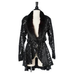 Retro Black sequin long jacket with dark brown furs collar Circa 1970