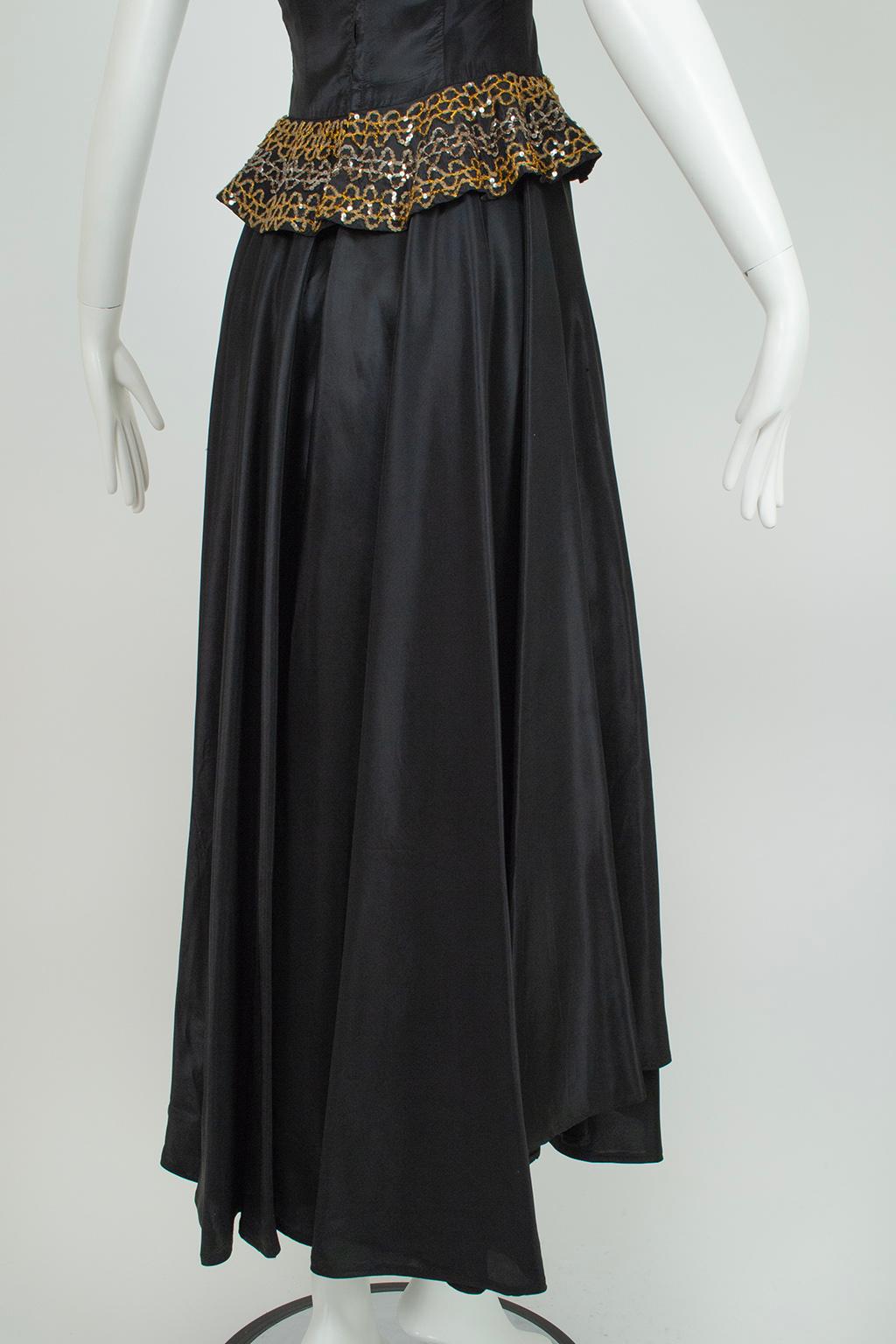 Vestido de flamenca de tafetán negro sin hombros con peplum de lentejuelas - XXS, años 40 en venta 4