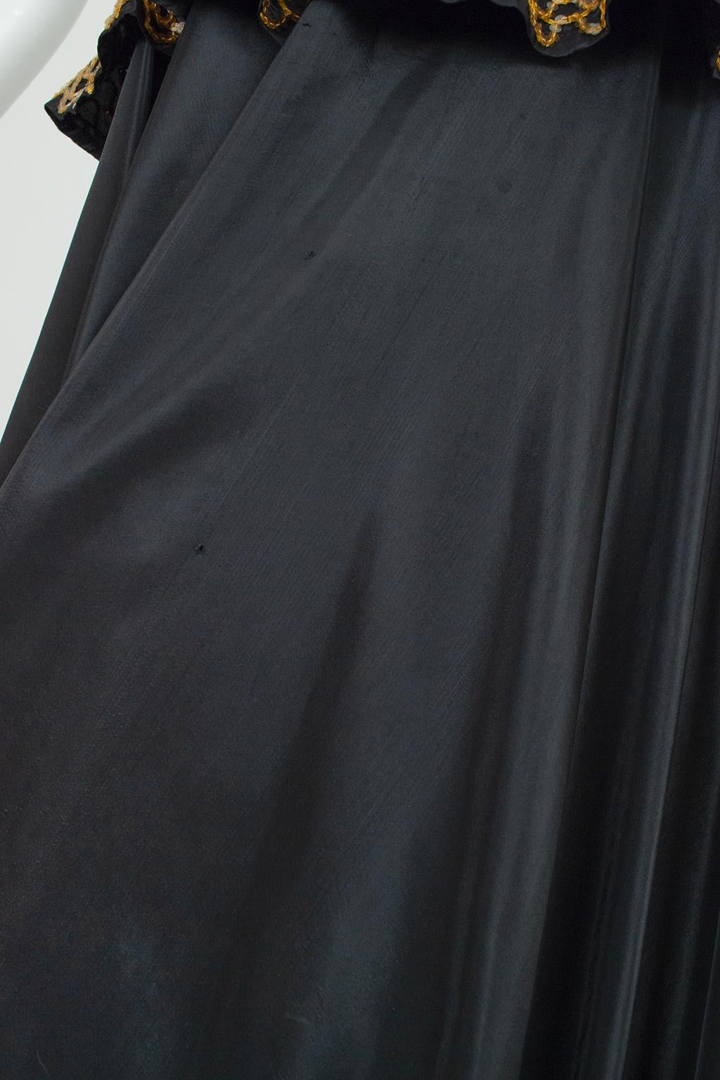 Schwarzes schulterfreies Flamenco-Kleid aus Taft mit Paillettenschößchen - XXS, 1940er Jahre im Angebot 8