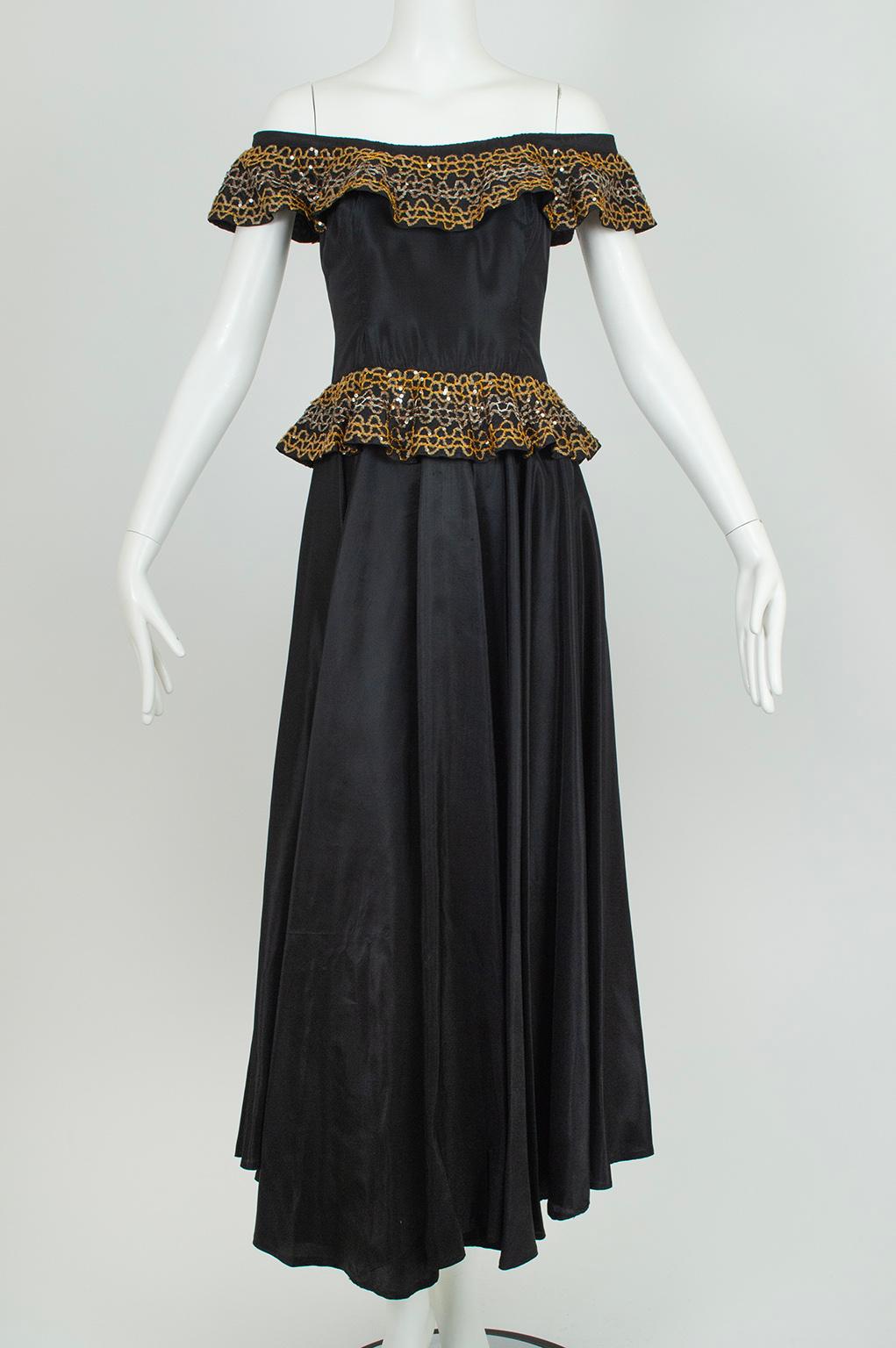Worn on the shoulder this gown is the epitome of 1940s innocence, but off shoulder it suggests an Andalusian flamenco dress thanks to its 22 ½ foot skirt and sequined ruffles. Accessorize with castanets and Paco de Lucia.

Off-shoulder taffeta ball