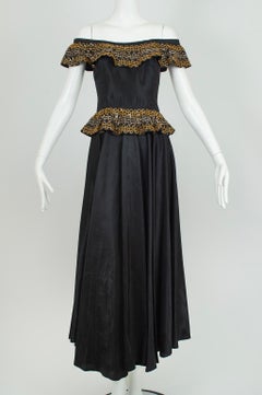 Black Taffeta Off-Shoulder Flamenco Gown with Sequin Peplum - XXS, 1940s