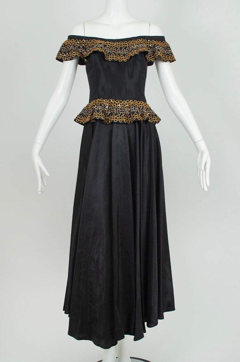 Black Taffeta Off-shoulder Flamenco Gown With Sequin Peplum - Xxs, 1940s