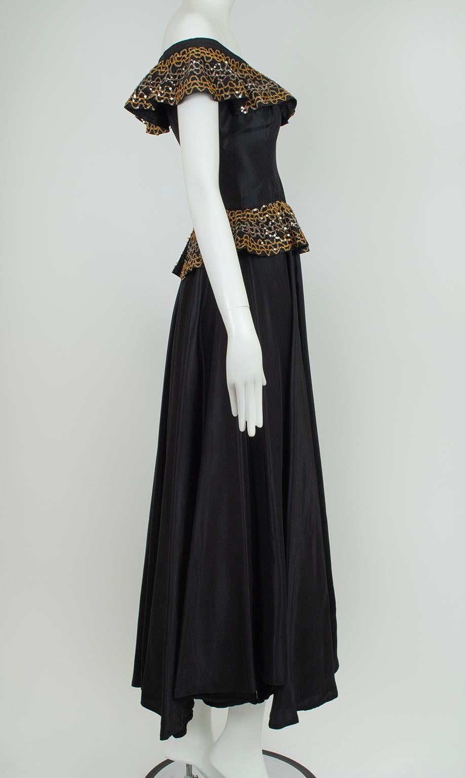 Black Taffeta Off-Shoulder Flamenco Gown with Sequin Peplum - XXS, 1940s In Good Condition For Sale In Tucson, AZ