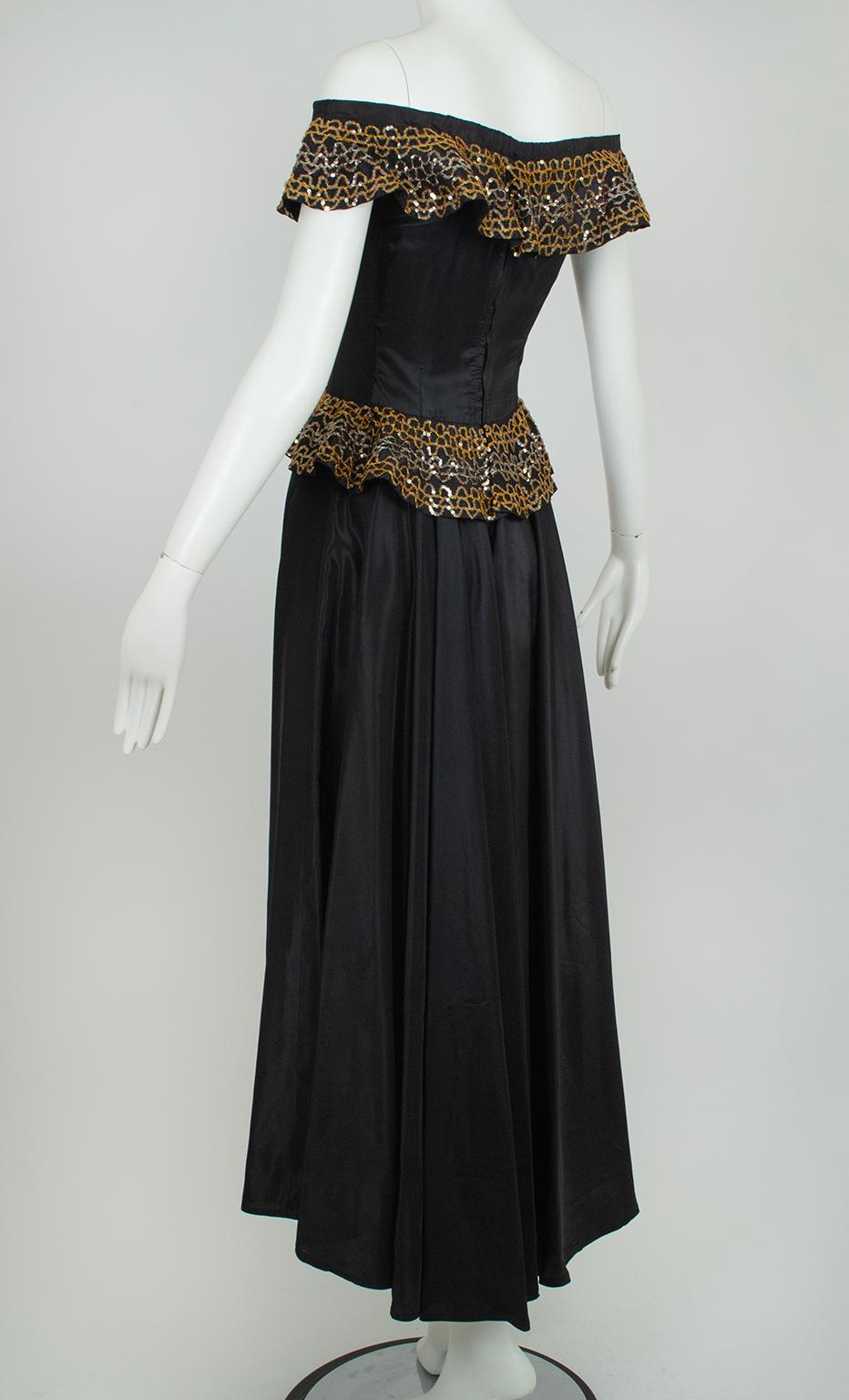 Women's or Men's Black Taffeta Off-Shoulder Flamenco Gown with Sequin Peplum - XXS, 1940s For Sale
