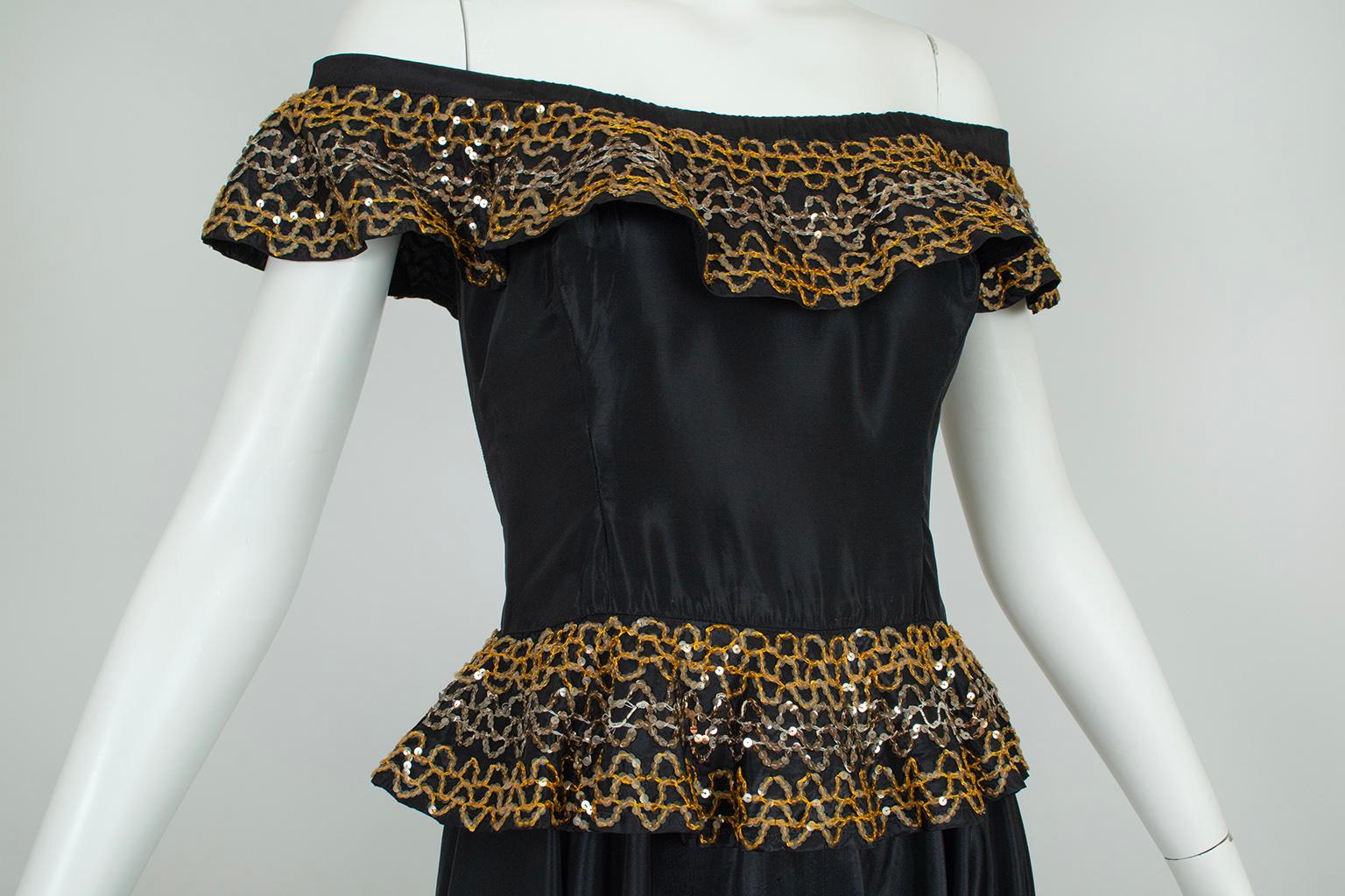 Black Taffeta Off-Shoulder Flamenco Gown with Sequin Peplum - XXS, 1940s For Sale 2