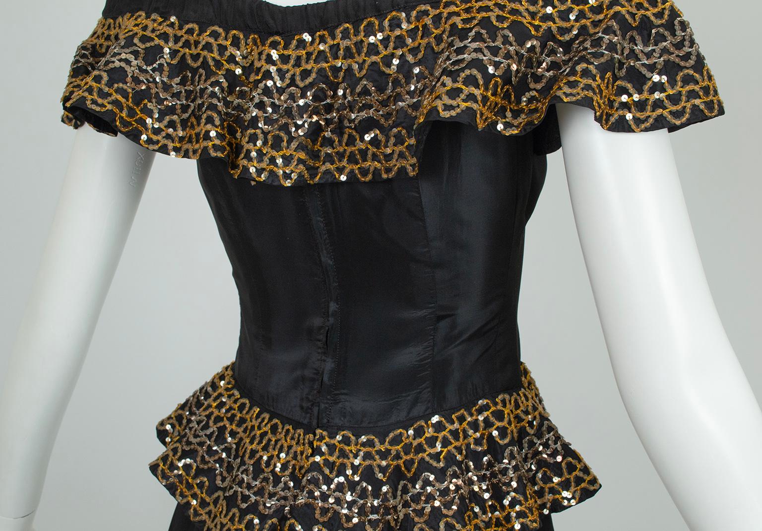 Schwarzes schulterfreies Flamenco-Kleid aus Taft mit Paillettenschößchen - XXS, 1940er Jahre im Angebot 3