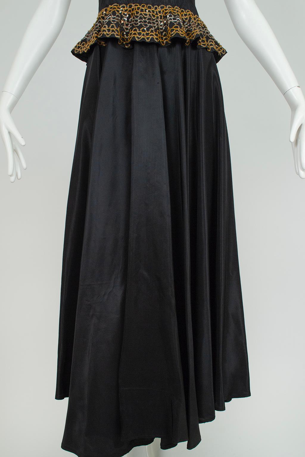 Black Taffeta Off-Shoulder Flamenco Gown with Sequin Peplum - XXS, 1940s For Sale 5