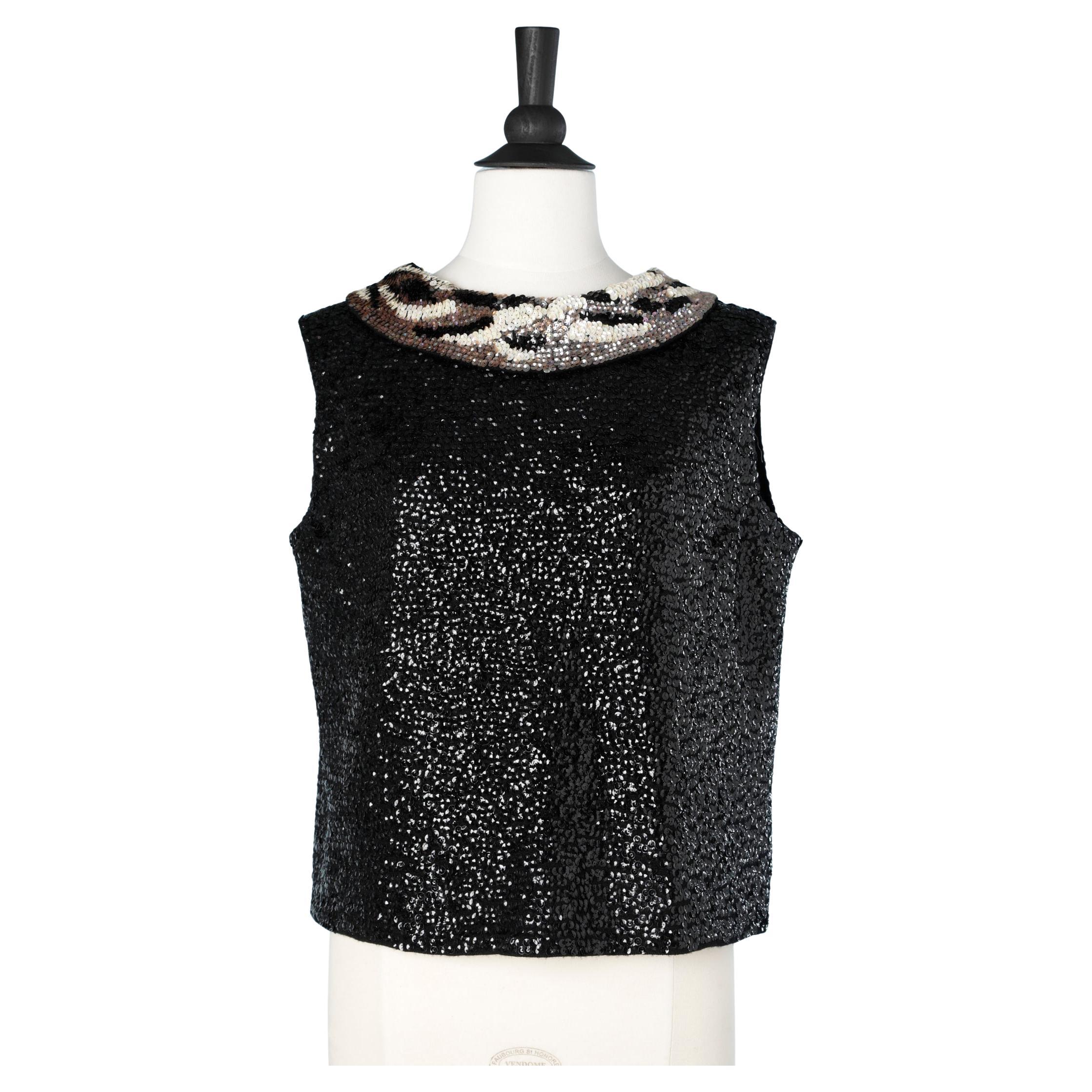 Top sans manches à paillettes noir avec col à motifs  DARLING des années 1960