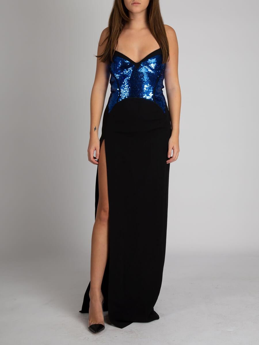 Condition is Very Good, very minor wear evident on interior and exterior.
 
 Details
  Black
 Viscose
 Maxi dress
 Blue sequinned top
 Side leg slit
 Back cut out detail 
 
 
 Made in France 
 
 Composition
 51% Viscose, 46% Acetate, 3% Elastane
 
