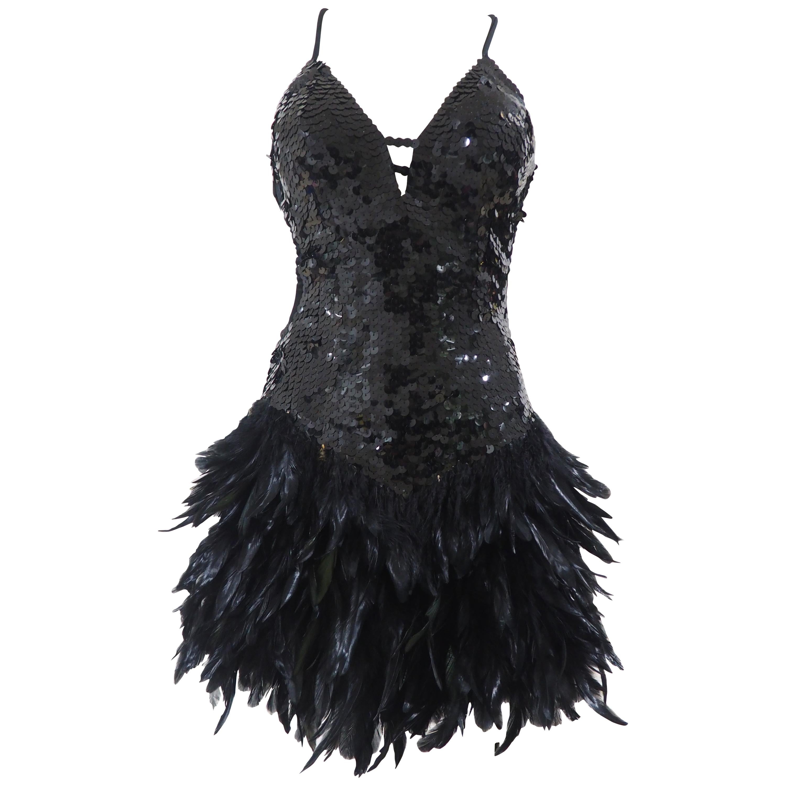 Black sequins and feathers dress at 1stDibs