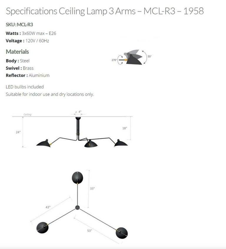 Serge Mouille - Ceiling Lamp with 3 Rotating Arms in White - IN STOCK! For Sale 4