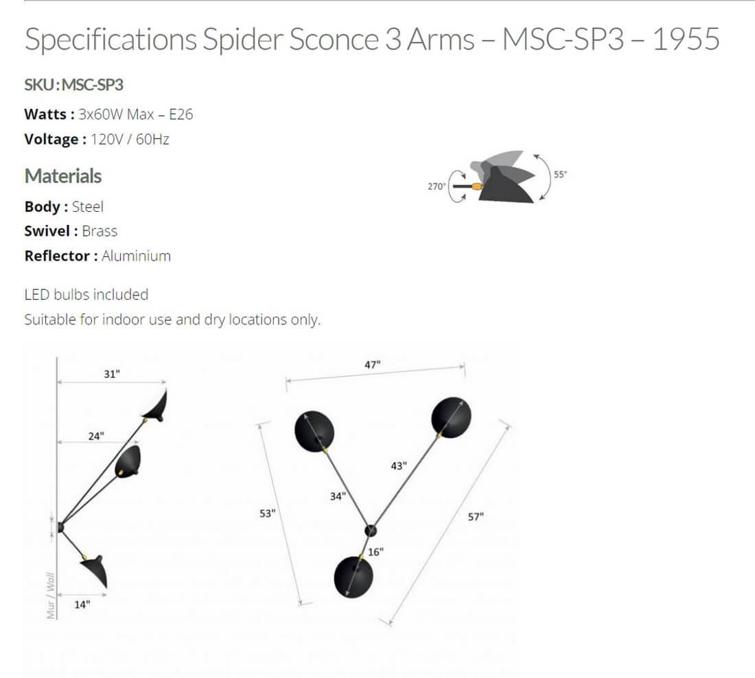 Aluminum Serge Mouille - Spider Sconce with 3 Arms  For Sale