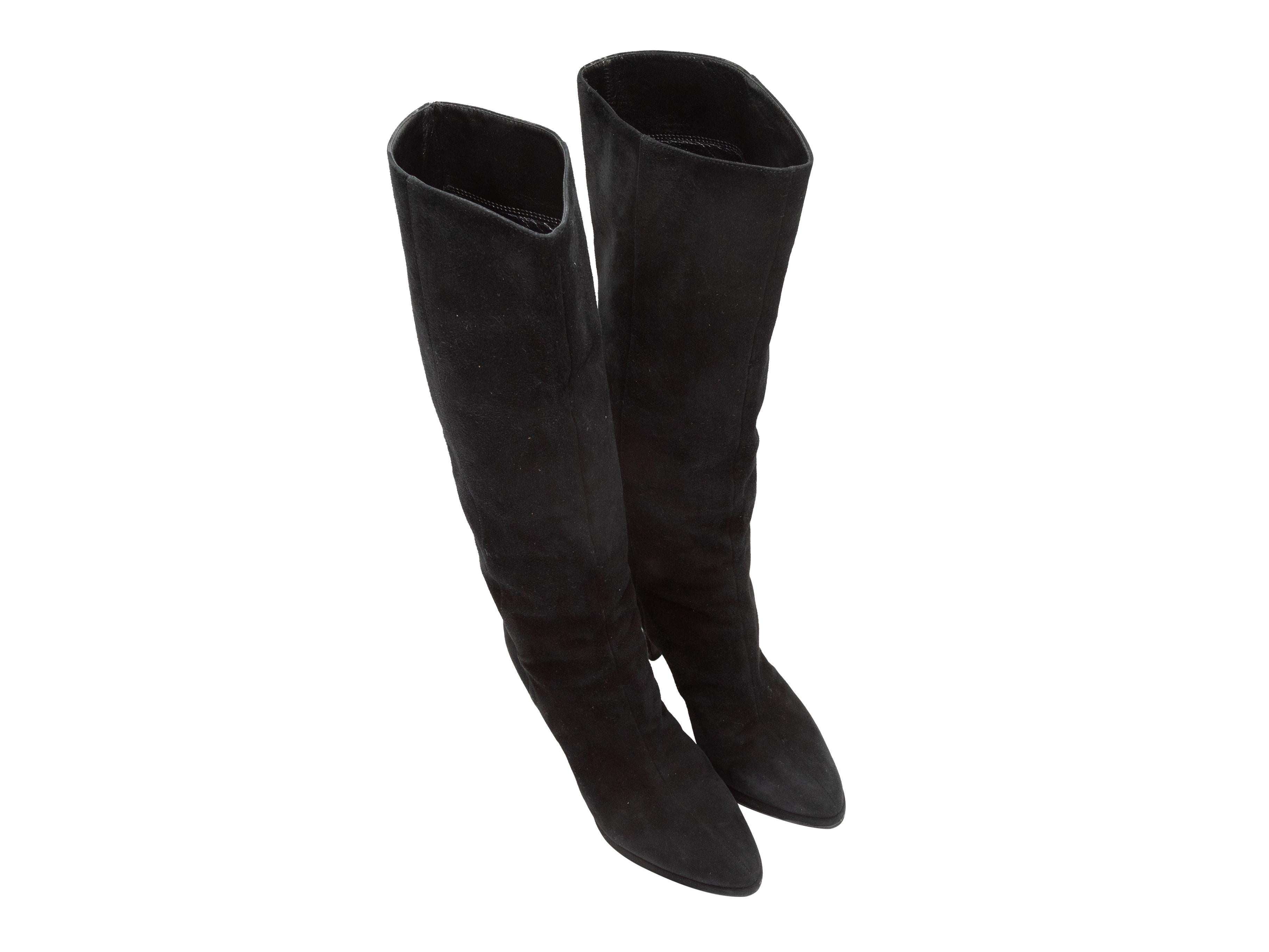 Black suede pointed-toe knee-high heeled boots by Sergio Rossi. Pull-on style. 15