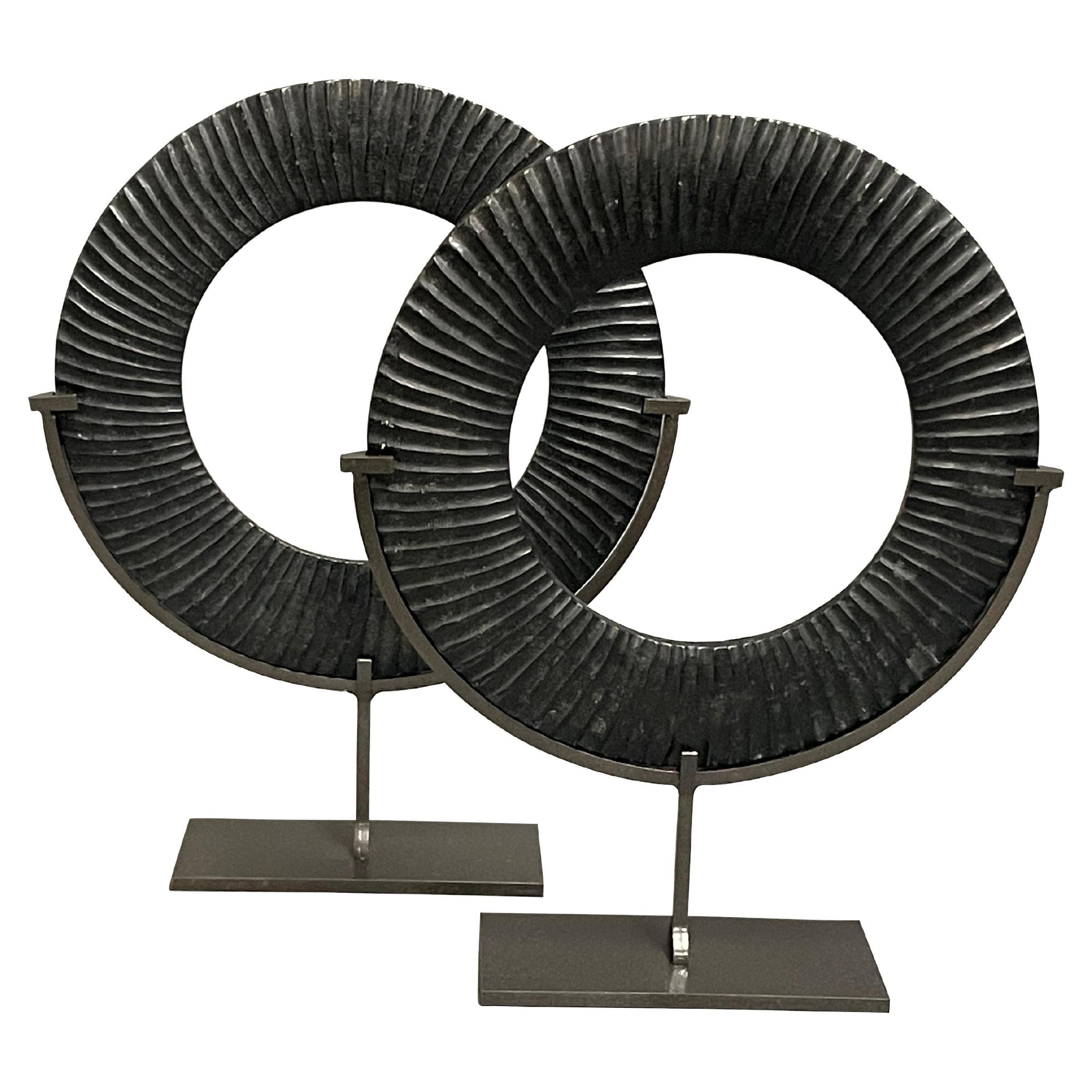 Black Set Of Two Carved Ribbed Black Jade Disc Sculptures, China, Contemporary