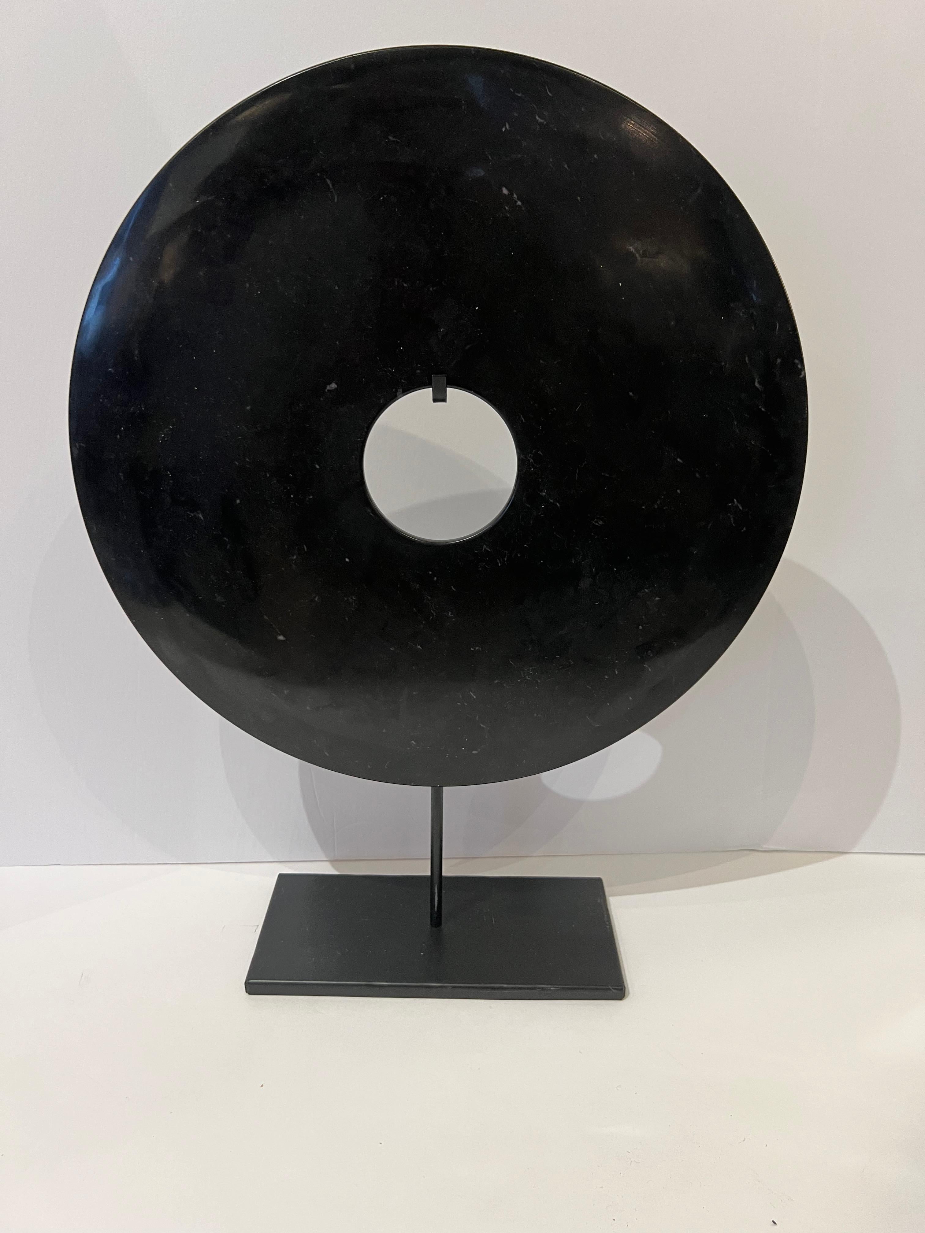 Chinese Black Set Of Two Jade Disc Sculptures, China, Contemporary For Sale