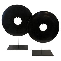 Black Set Of Two Jade Disc Sculptures, China, Contemporary