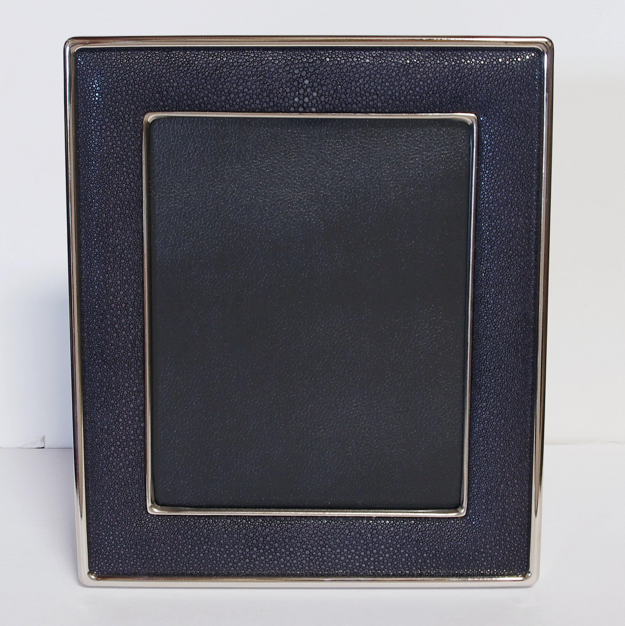 Black shagreen leather and nickel-plated frame with presentation black leather box by Fabio Ltd
Height: 13 inches / Width: 11.5 inches / Depth: 1 inch 
Photo size: 8 inches by 10 inches
LAST 1 in stock in Los Angeles
Order Reference #: FABIOLTD