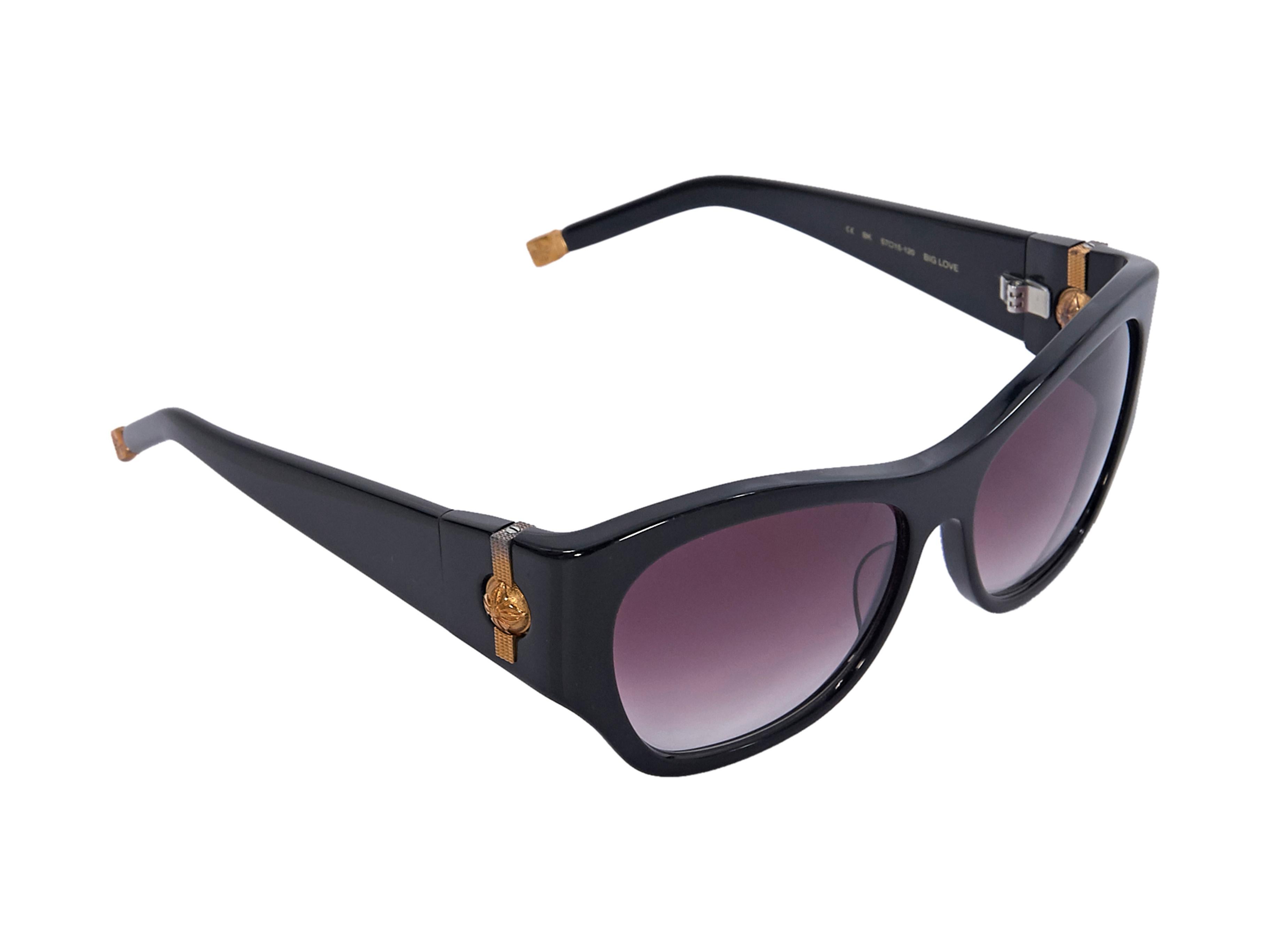 Product details:  Black Big Love square sunglasses by Shamballa.  Purple gradient lenses. Embossed gold-tone accents at stems. Coordinate with statement gold stud earrings. 5.5