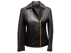Black Shanghai Tang Quilted Leather Moto Jacket Size US 4