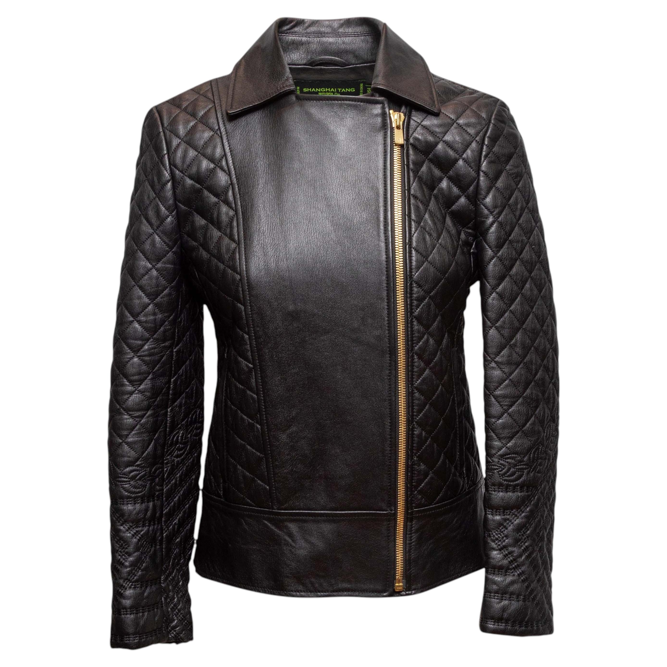 Black Shanghai Tang Quilted Leather Moto Jacket Size US 4
