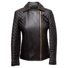 Black Shanghai Tang Quilted Leather Moto Jacket Size US 4