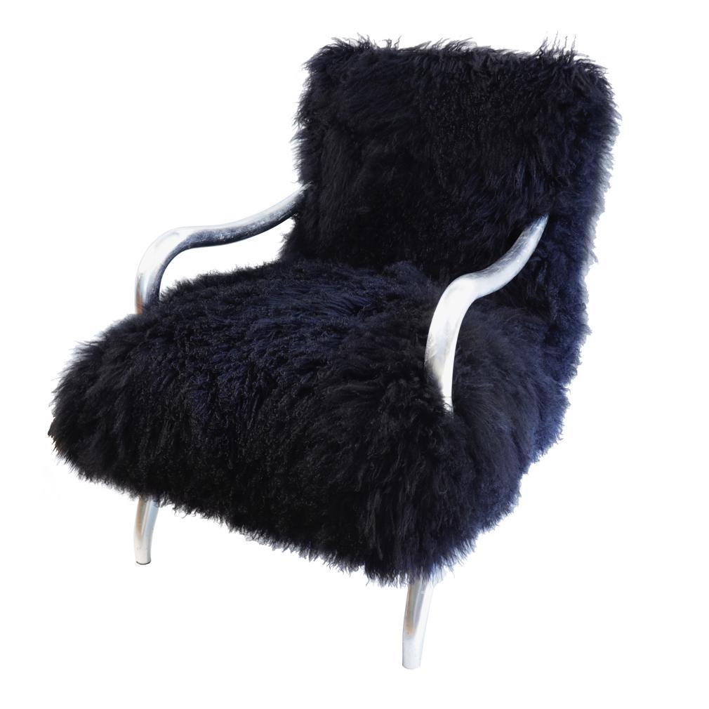 American Black Shearling-Covered Contemporary Lounge Chair 
