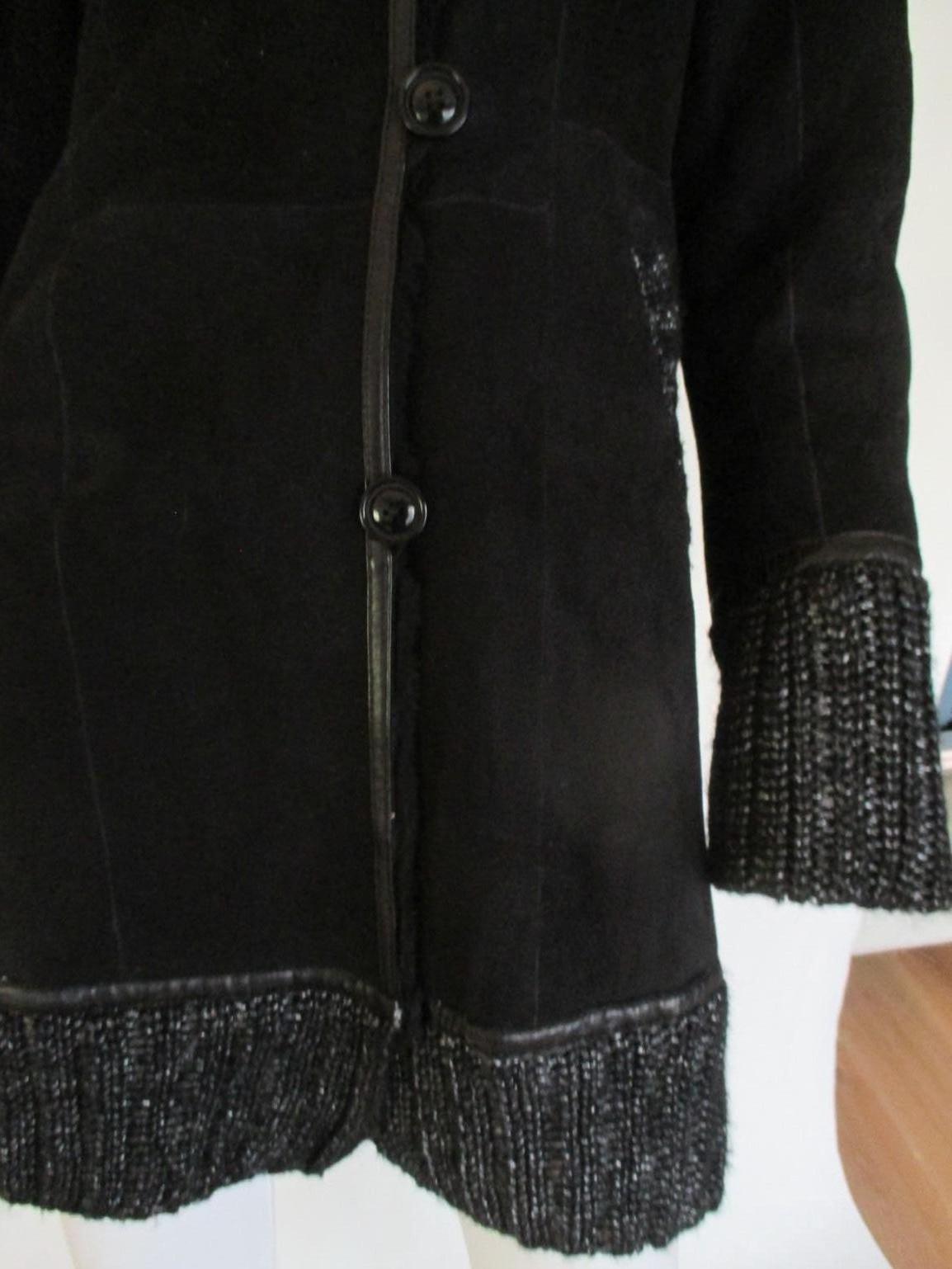 Women's or Men's Black Shearling Fur coat with Silver Knitted details For Sale