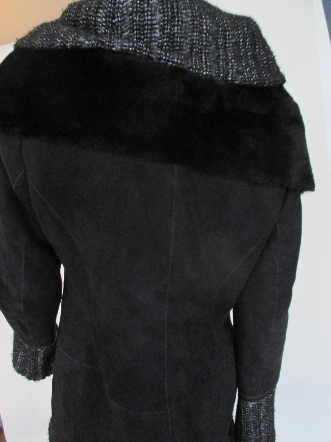 Black Shearling Fur coat with Silver Knitted details For Sale 1