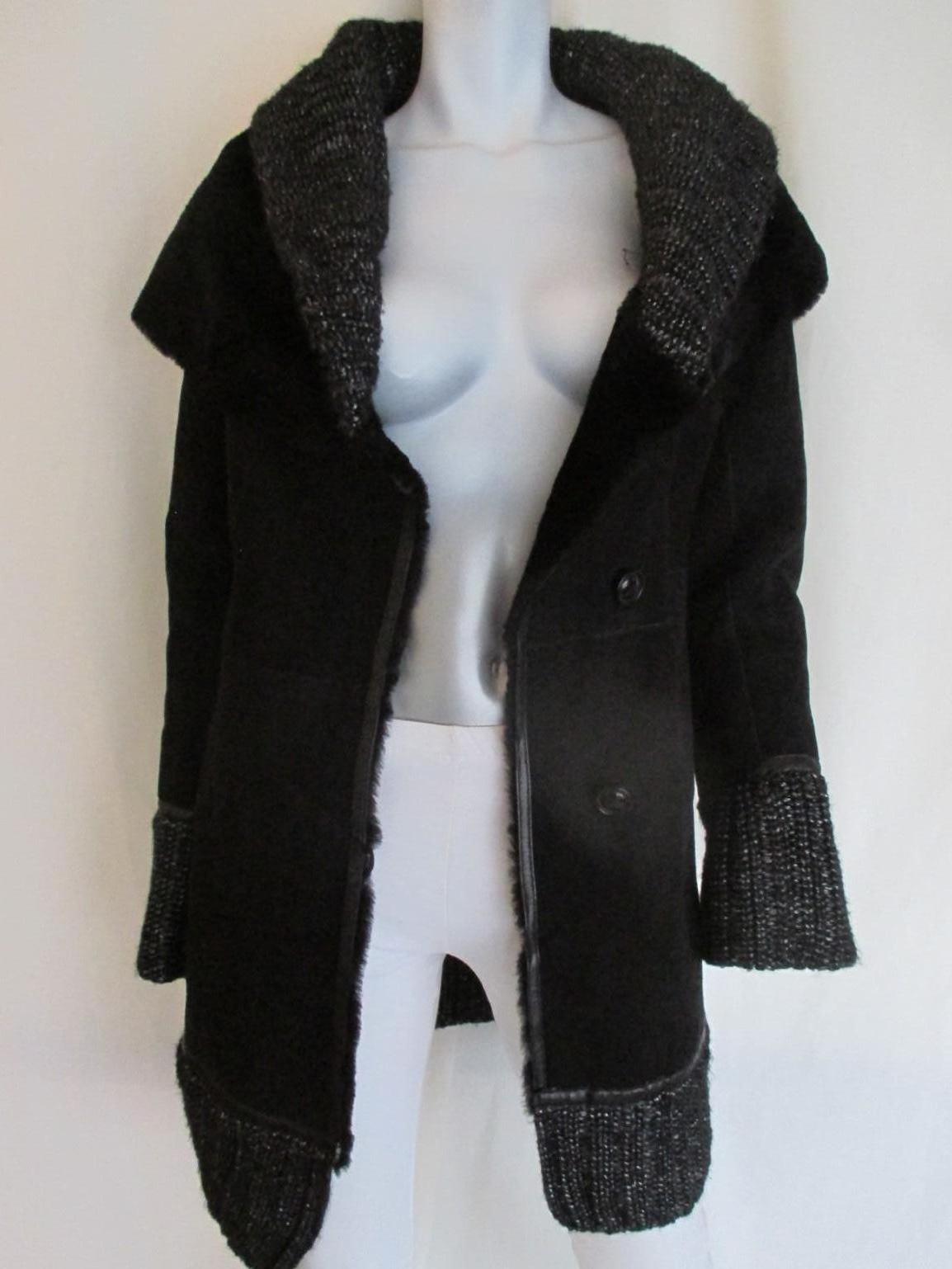 Black Shearling Fur coat with Silver Knitted details For Sale 2