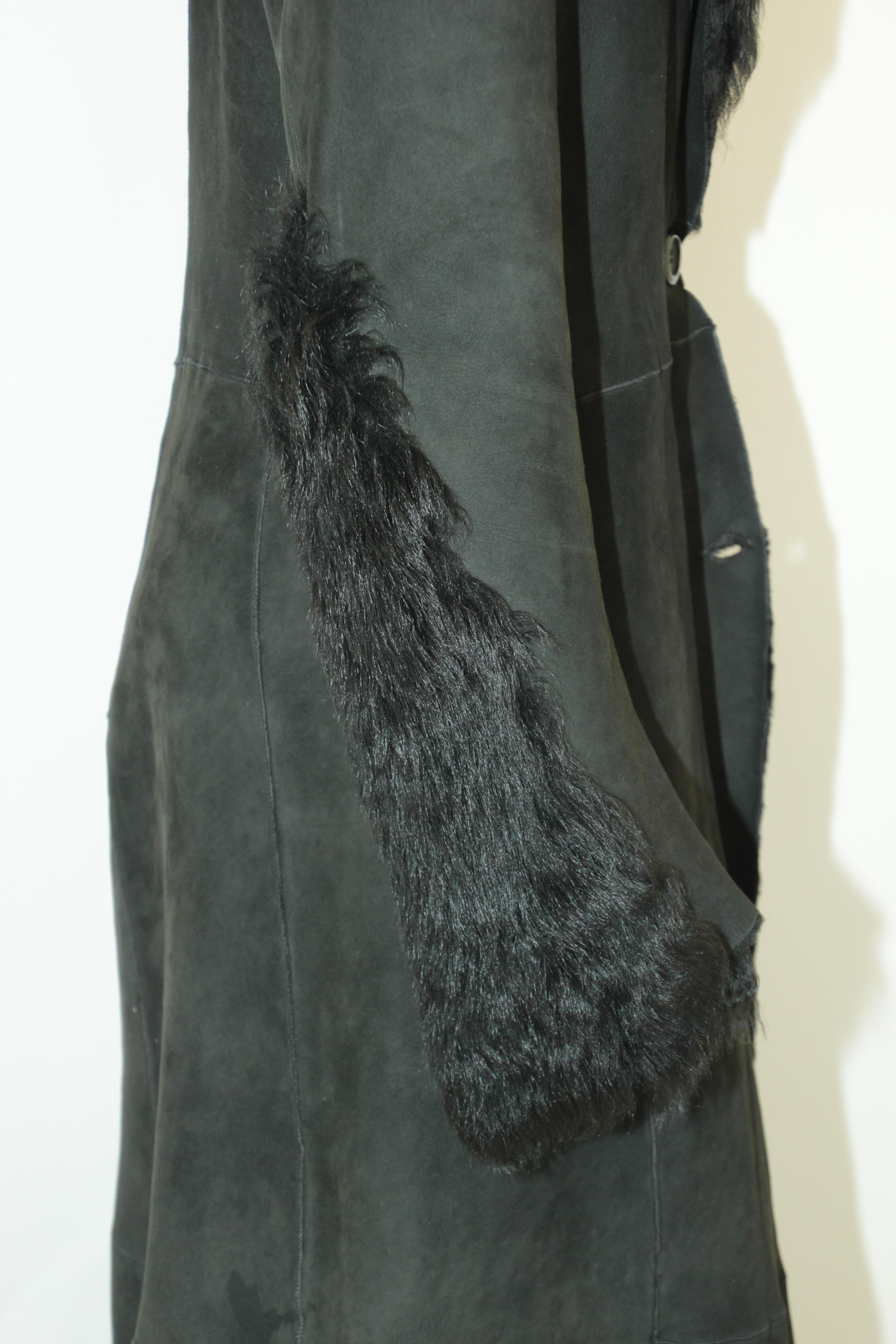 Black Shearling Lamb Suede Leather Fur Jacket Coat For Sale 3