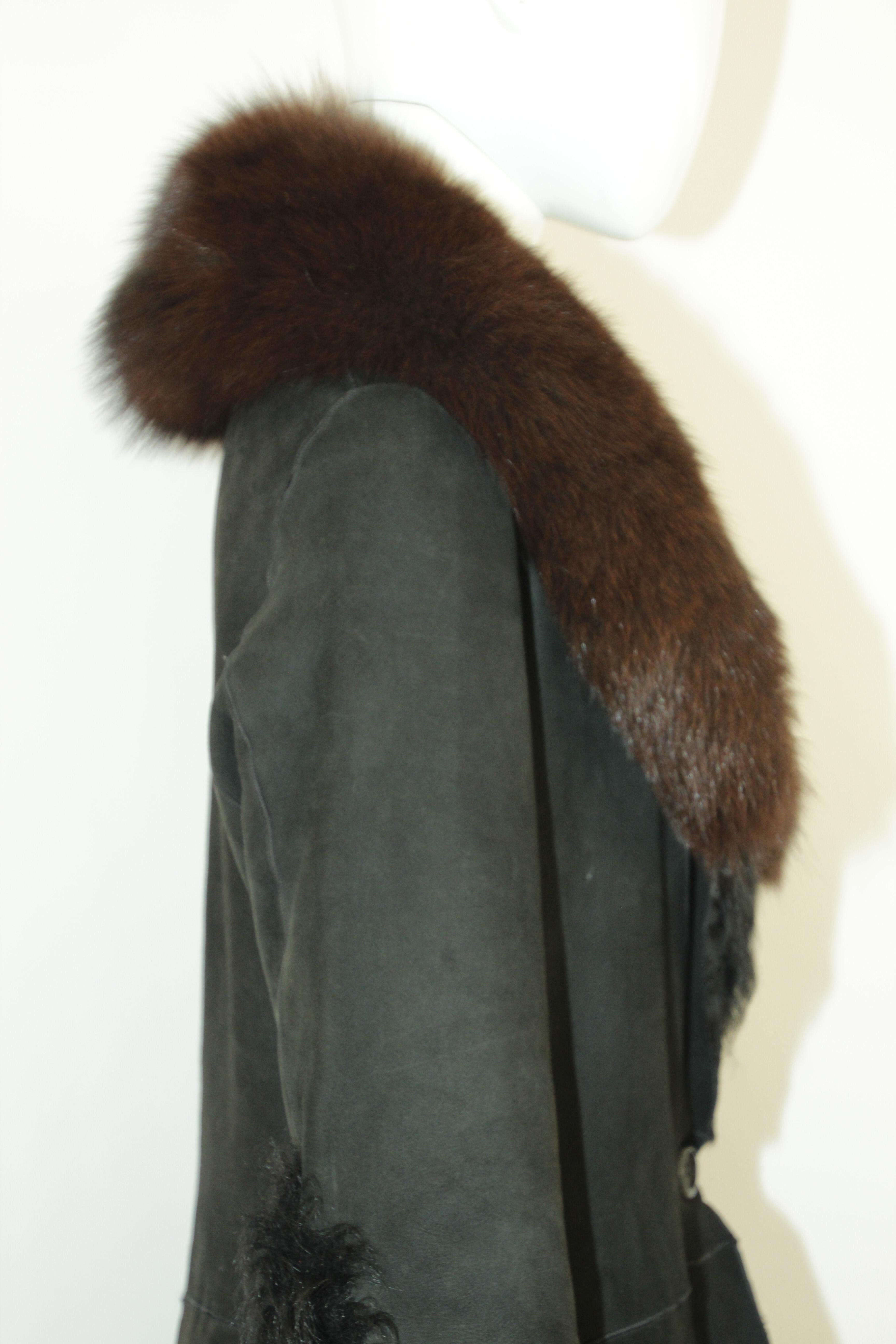 Black Shearling Lamb Suede Leather Fur Jacket Coat For Sale 4