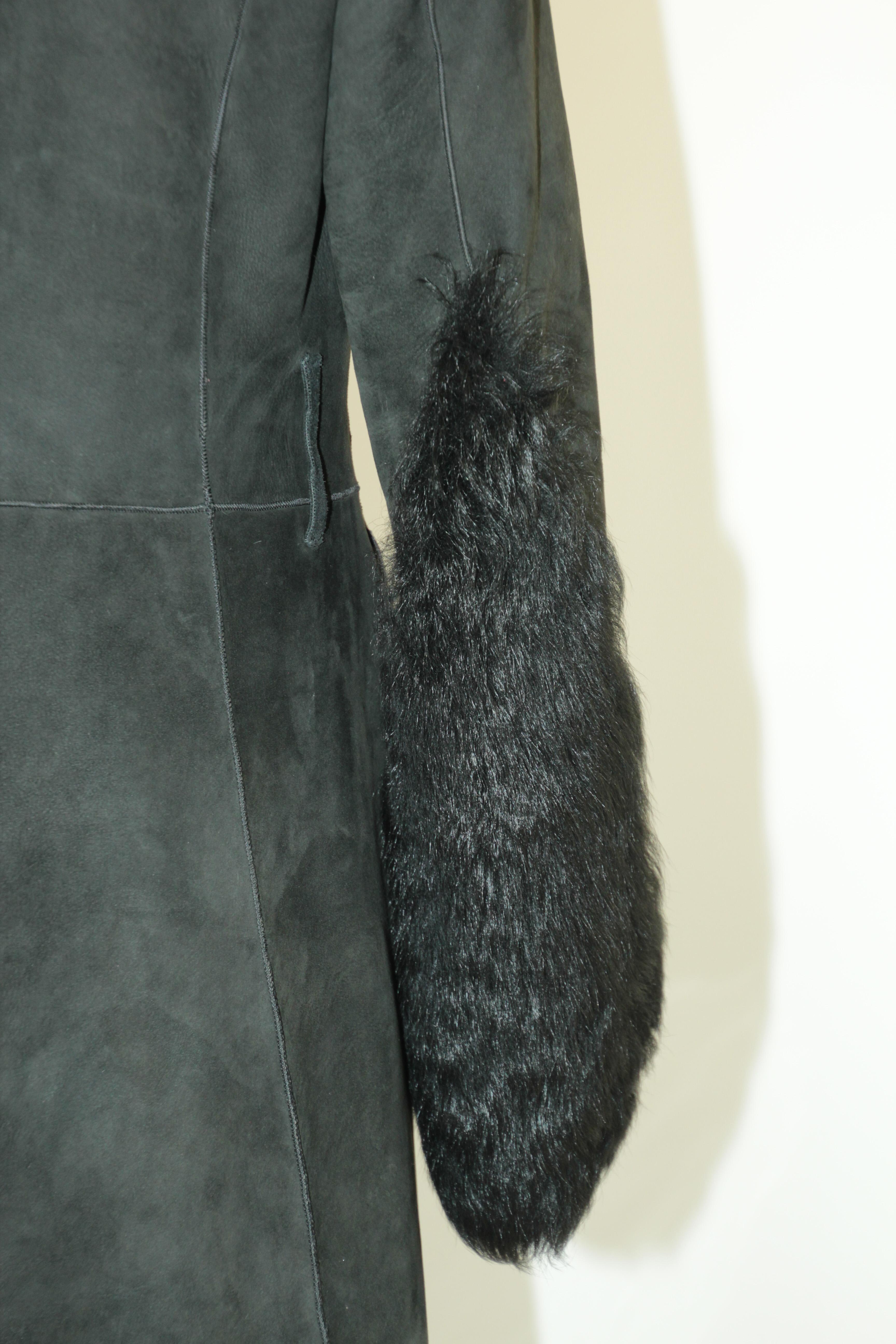 Black Shearling Lamb Suede Leather Fur Jacket Coat For Sale 7