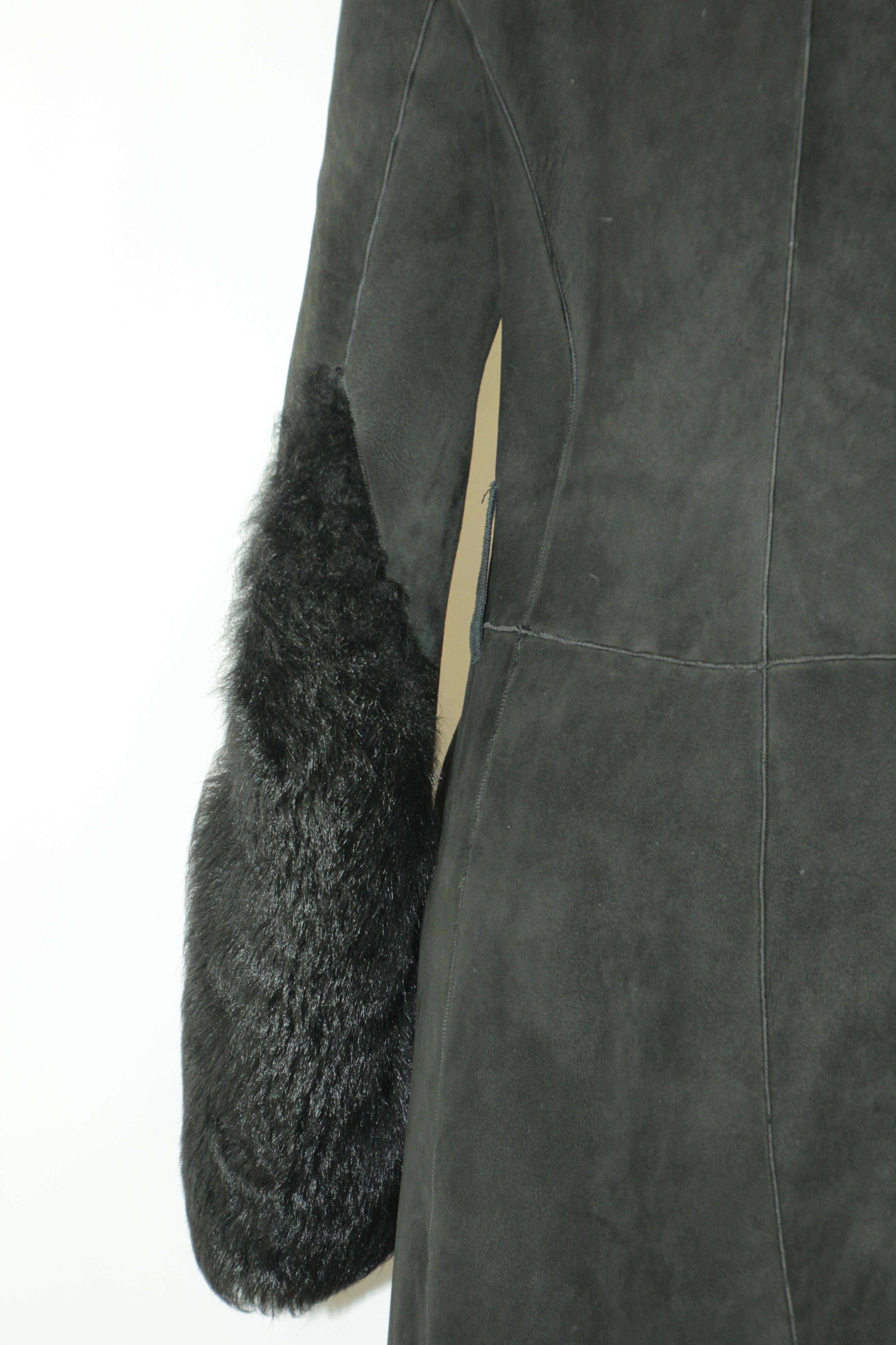 Black Shearling Lamb Suede Leather Fur Jacket Coat For Sale 8