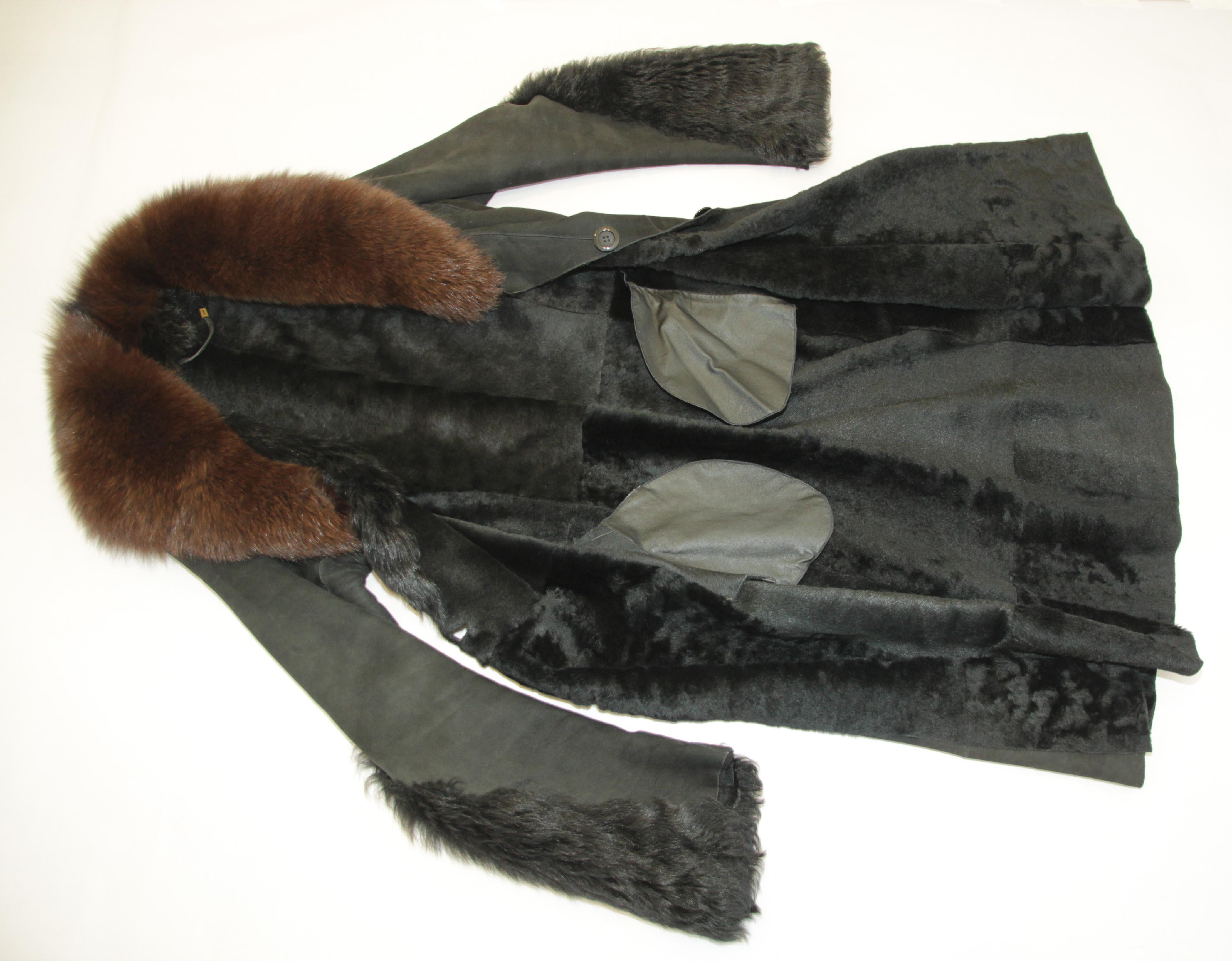 Black Shearling Lamb Suede Leather Fur Jacket Coat For Sale 10