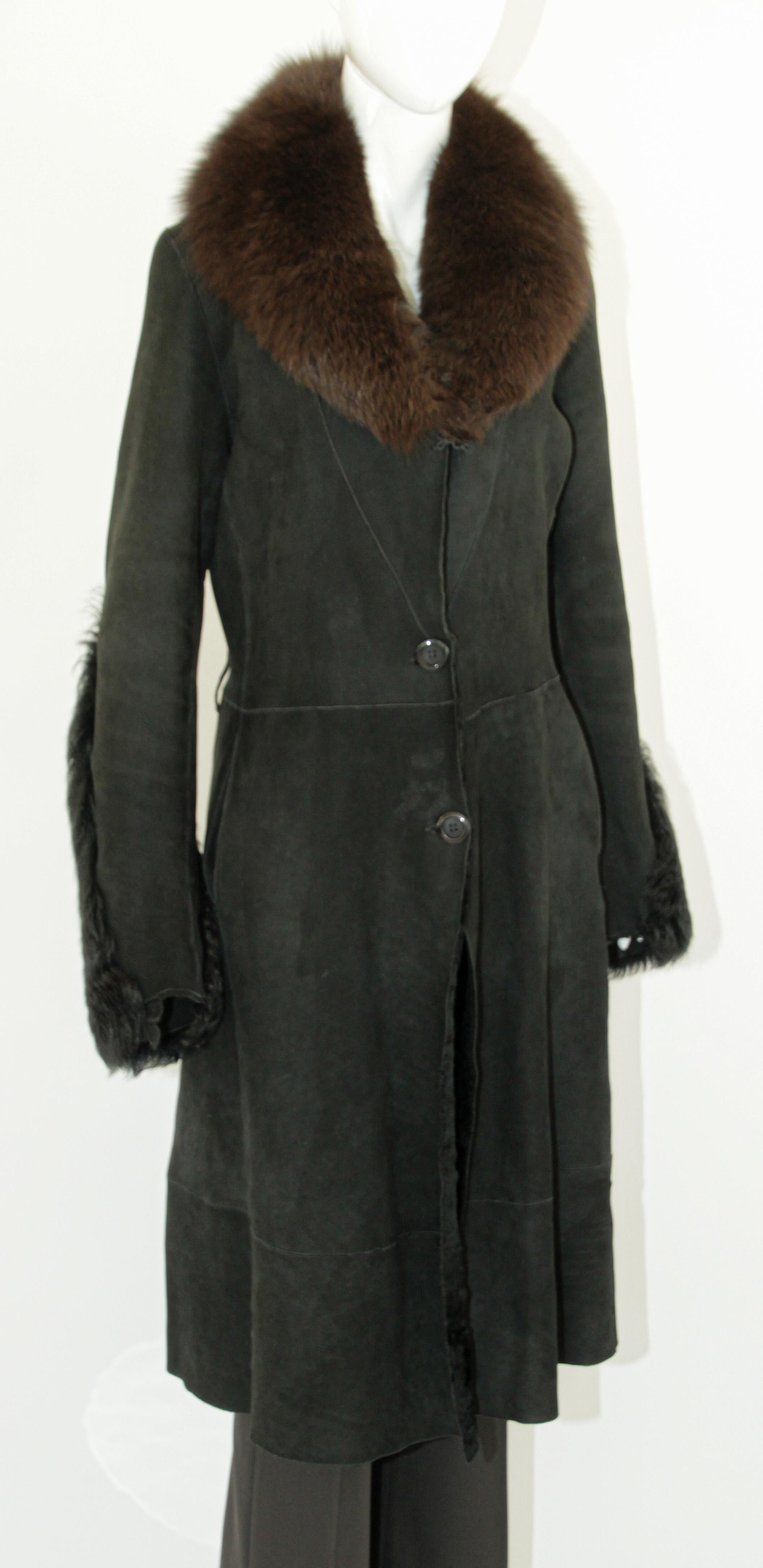 Black Shearling Lamb Suede Leather Fur Jacket Coat For Sale 13