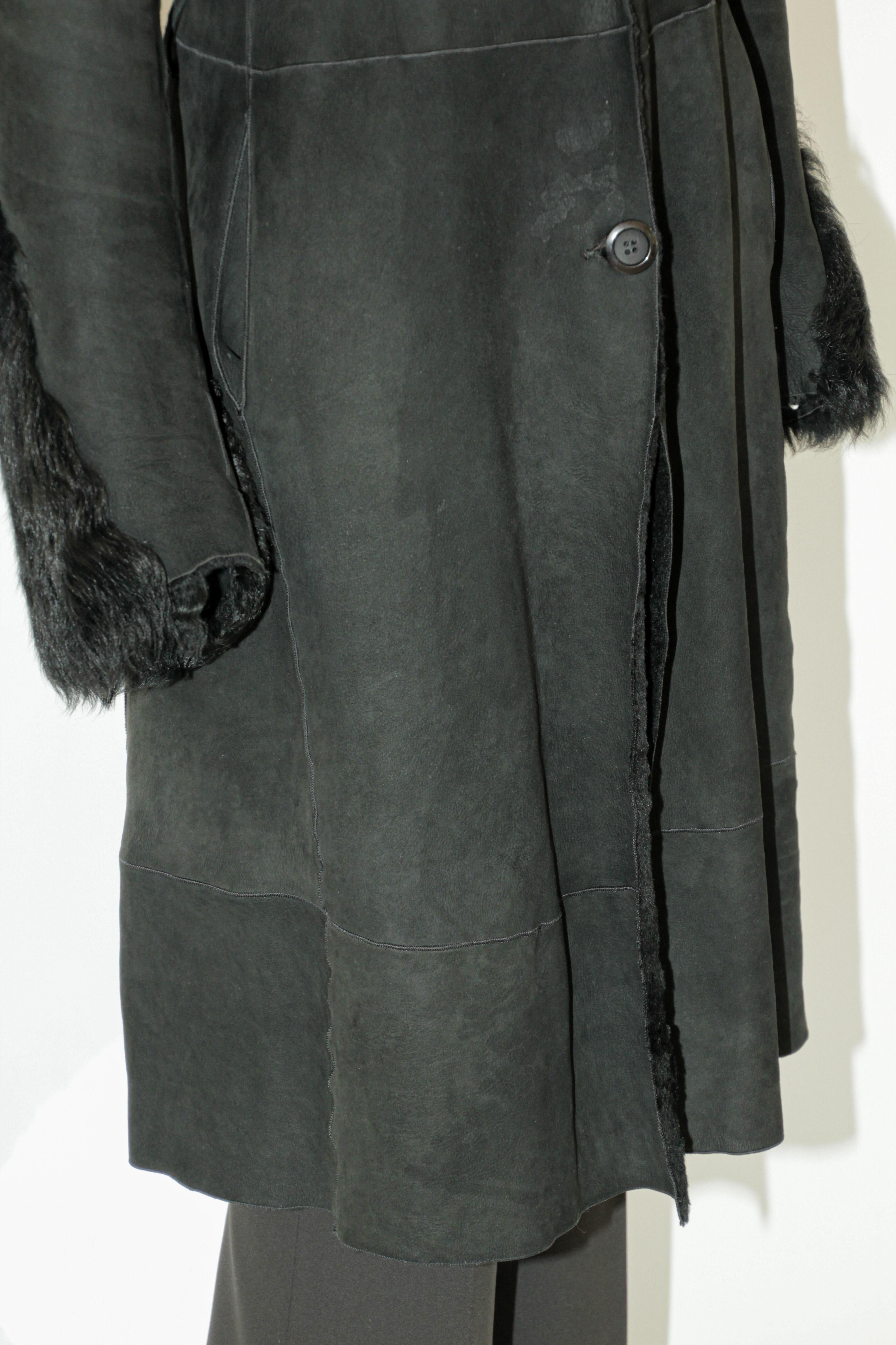 Black Shearling Lamb Suede Leather Fur Jacket Coat In Good Condition For Sale In North Hollywood, CA