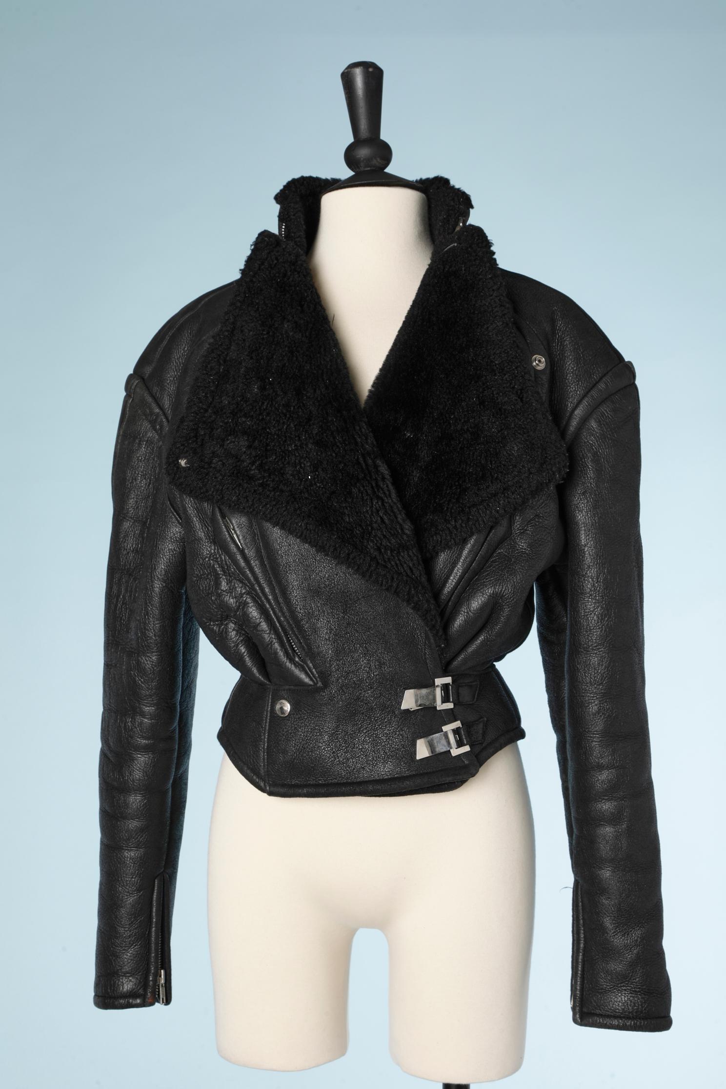 Black shearling perfecto with silver metal buckles Thierry Mugler 1